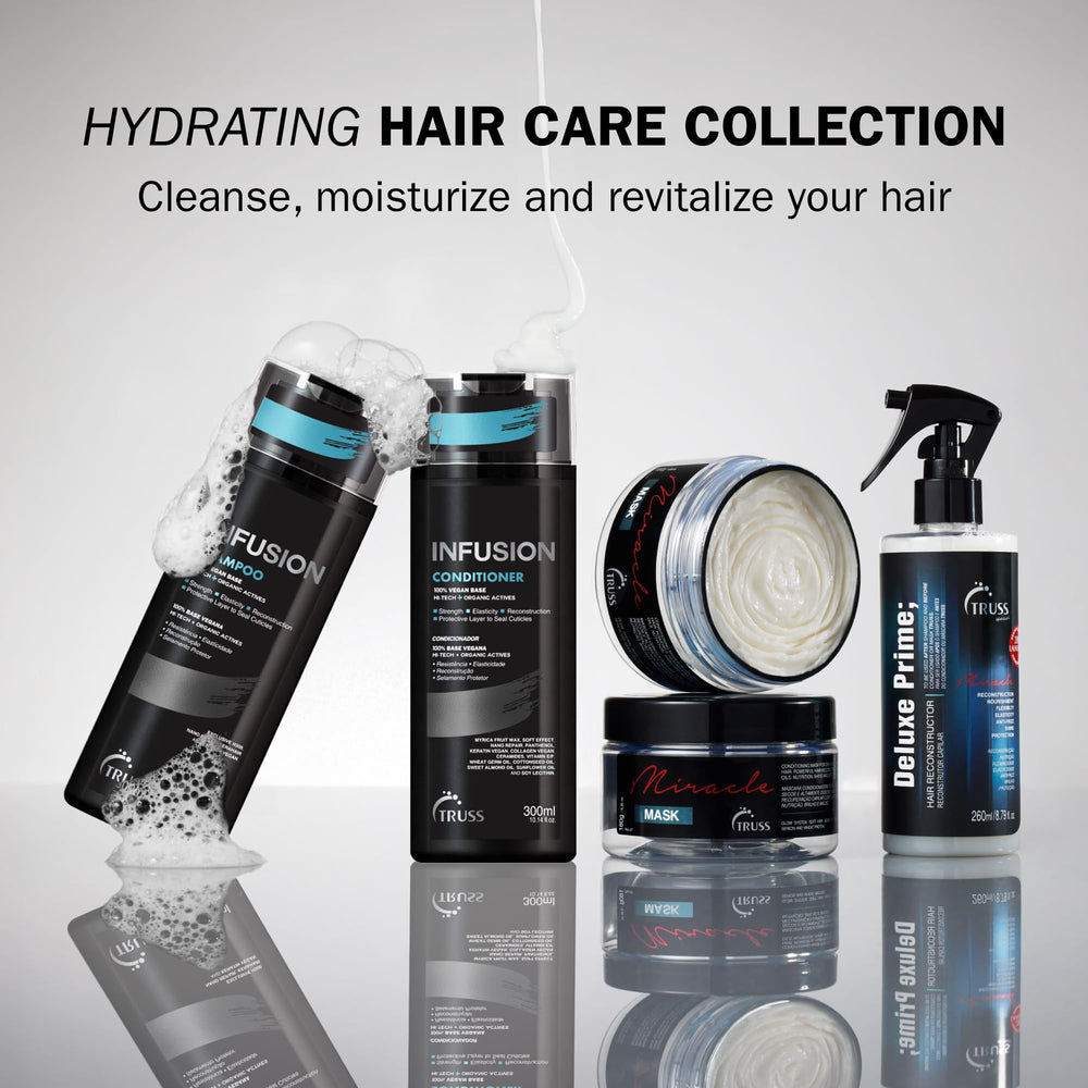 TRUSS Infusion Hair Shampoo with panthenol and vegan keratin supports softness.