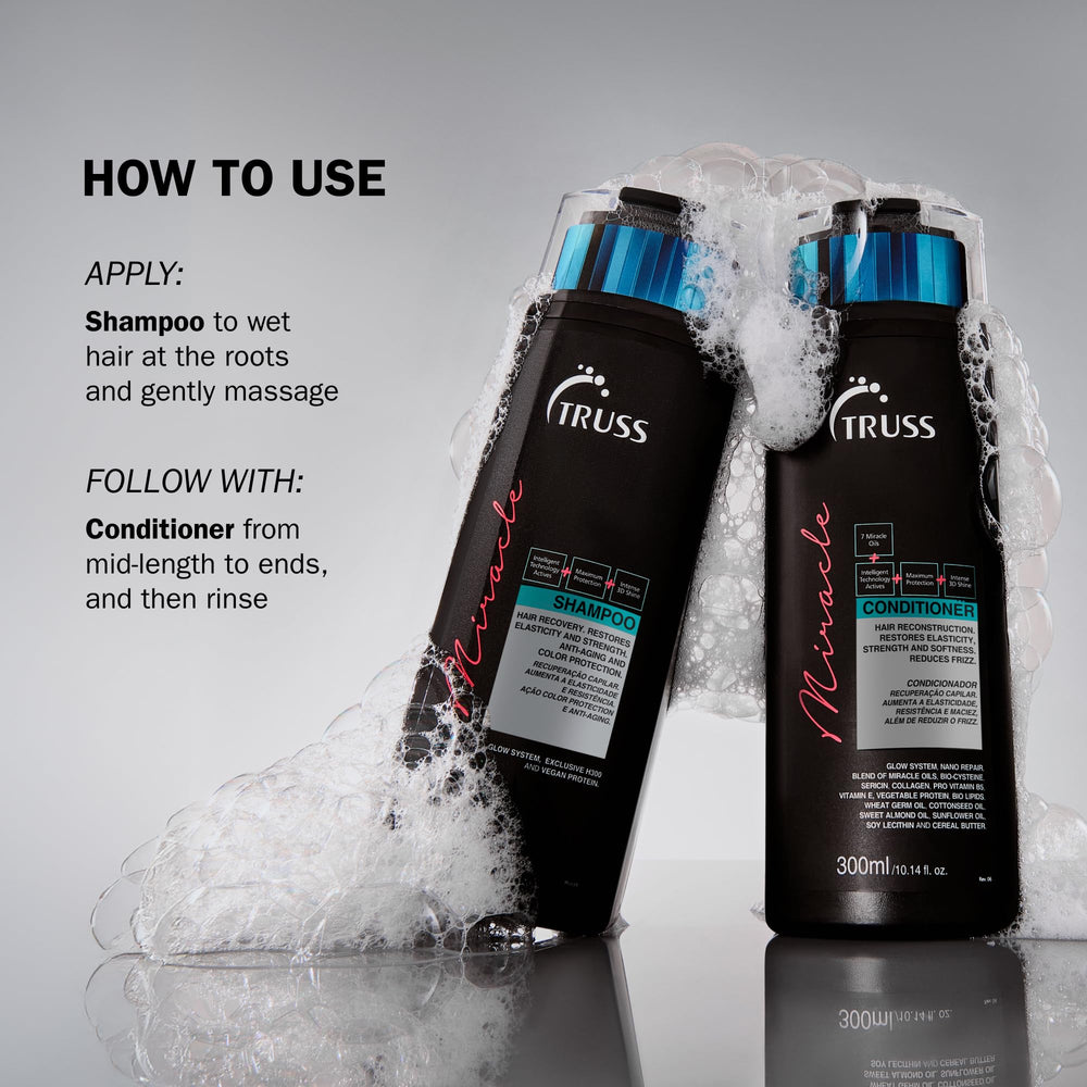 TRUSS Miracle Hair Conditioner applying shine on strands highlights 3D shine.
