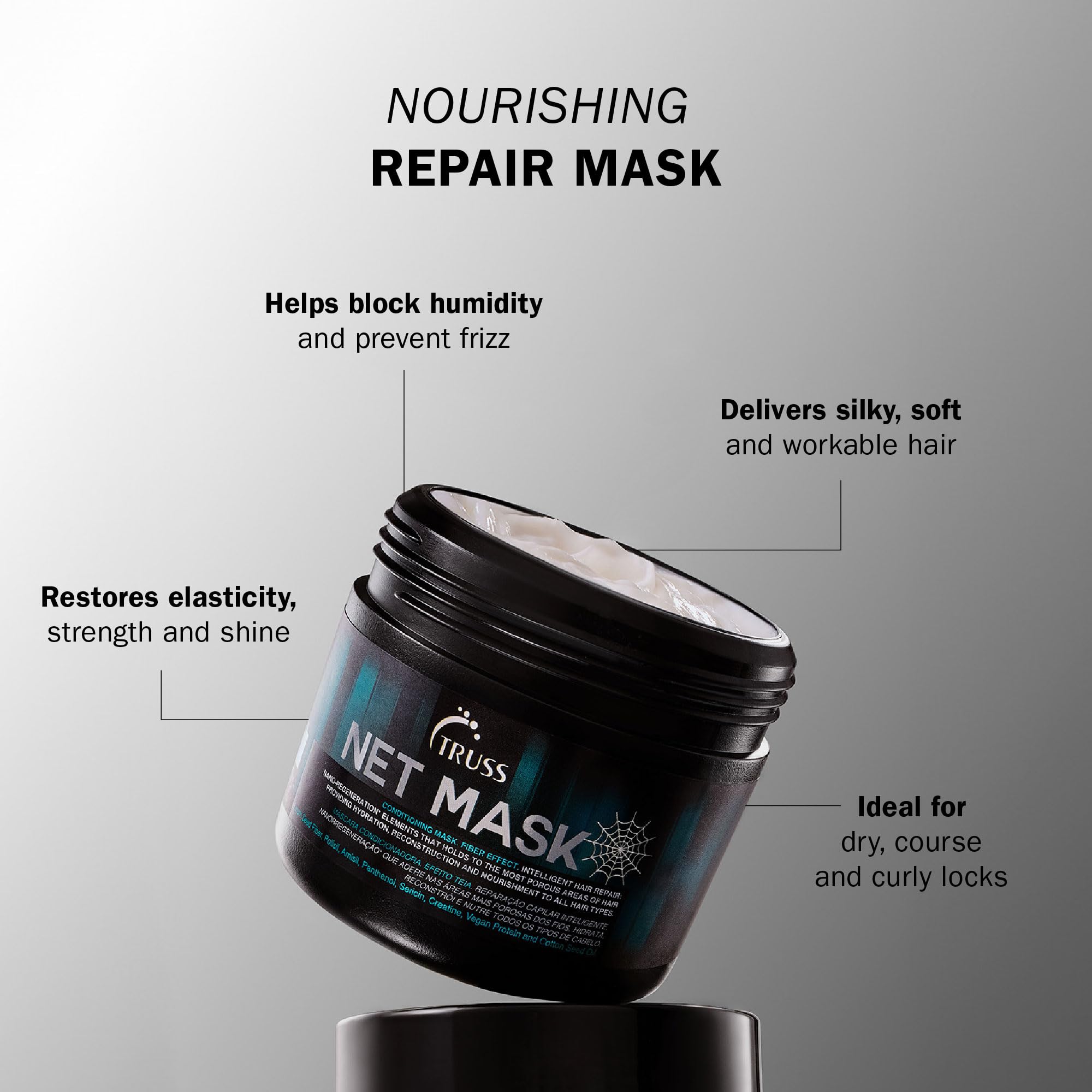 TRUSS Net Deep Conditioning Hair Mask jar texture suggests creamy formula for softer curls.