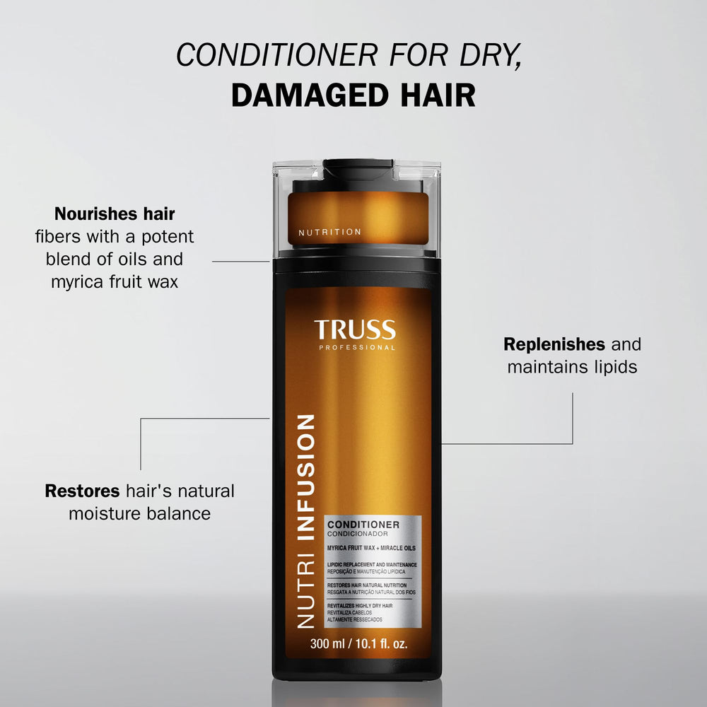 TRUSS Nutri Infusion conditioner pump closeup shows smooth, even distribution for treated hair.