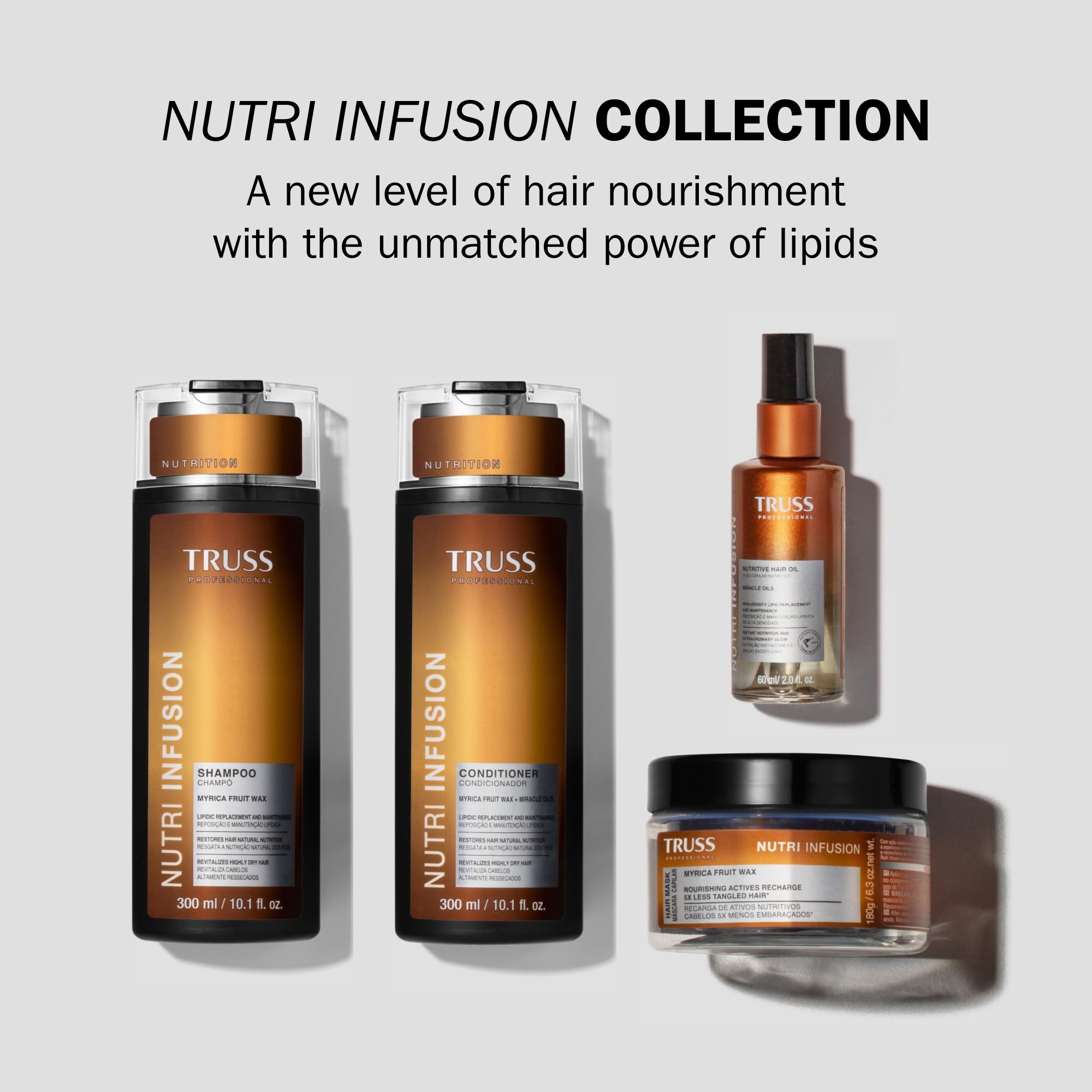 TRUSS Nutri Infusion damp hair ends application scene for fast absorption and softness.
