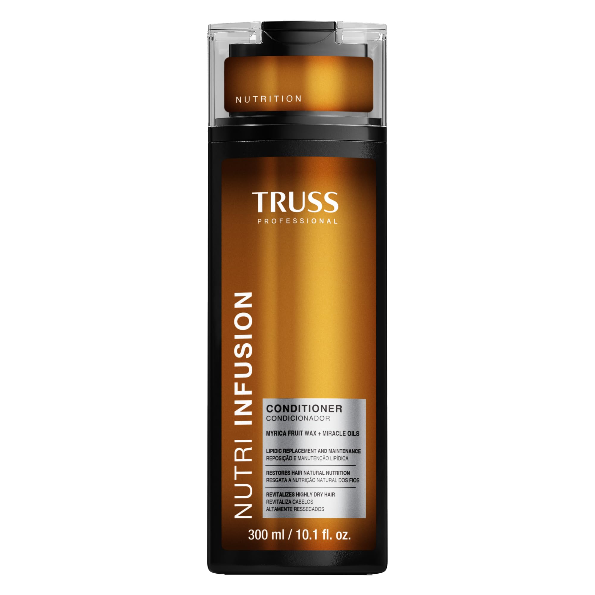 TRUSS Nutri Infusion Hair Conditioner bottle emphasizes deep hydration for dry, damaged hair.