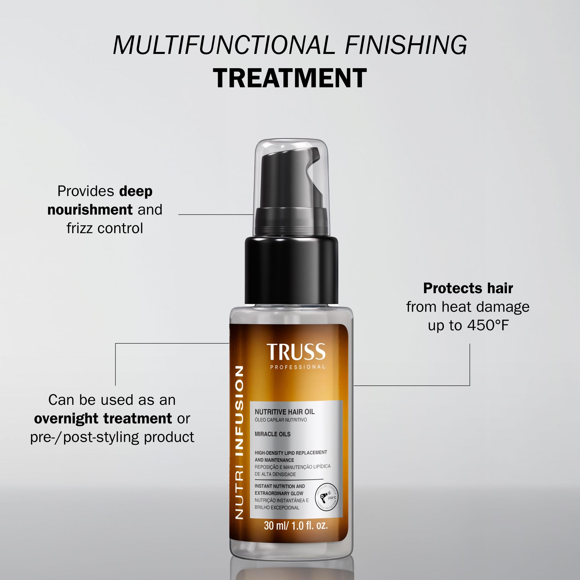 TRUSS Nutri Infusion pump-dispense demonstrates easy application for smooth, frizz-free styling.