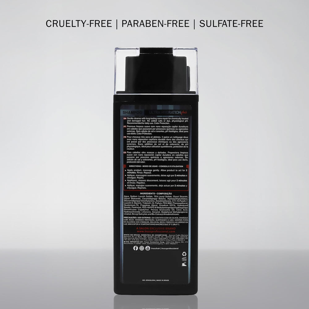 TRUSS Ultra Hydration PLUS Shampoo label close-up reveals keratin and amino acids.