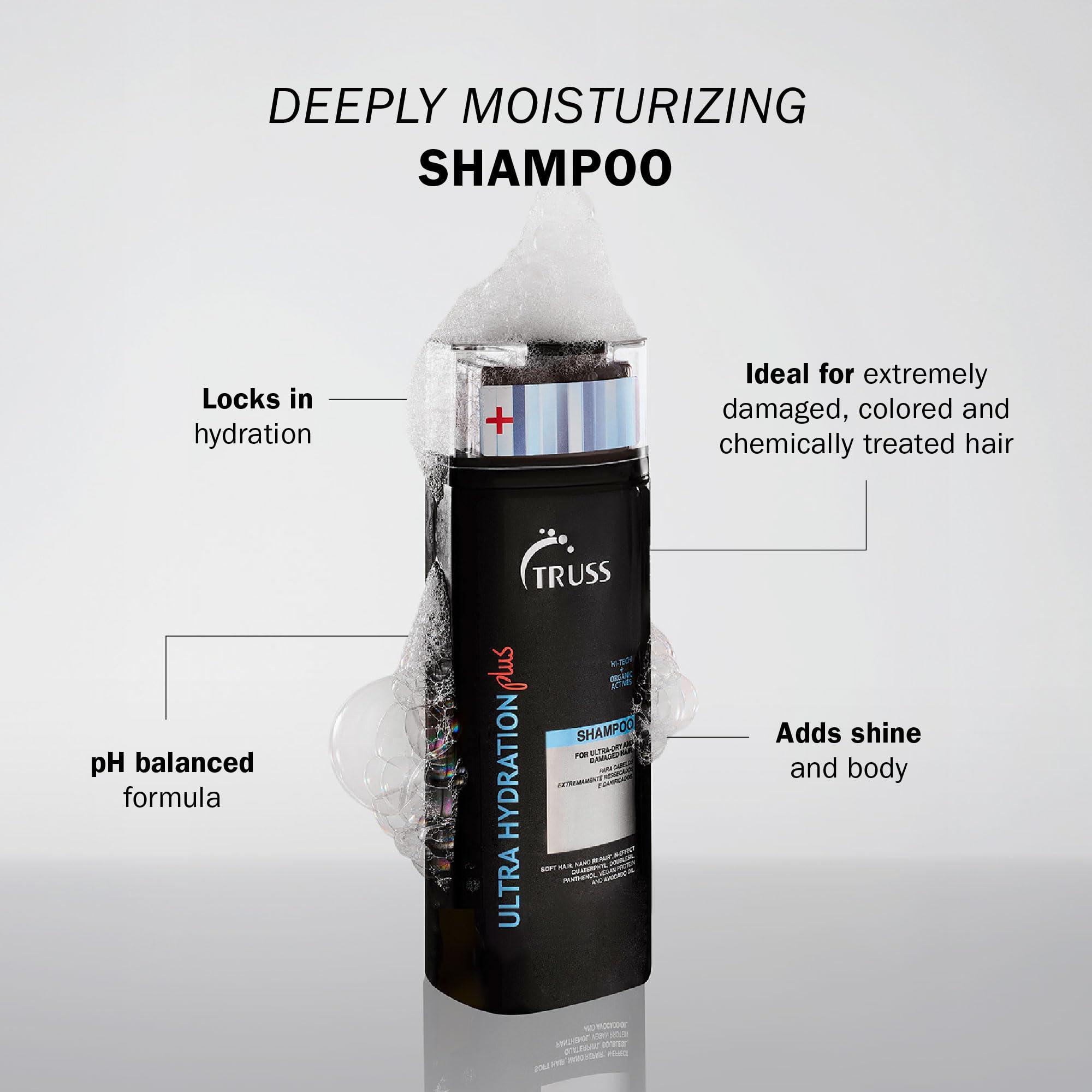 TRUSS Ultra Hydration PLUS Shampoo lather close-up delivering rich moisture.