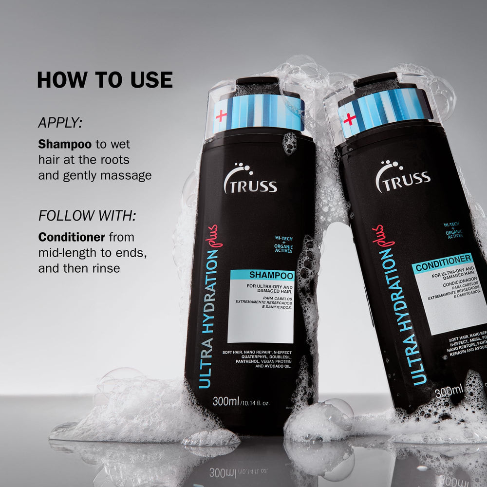 TRUSS Ultra Hydration PLUS Shampoo packaging shot highlights pH-balanced formula.