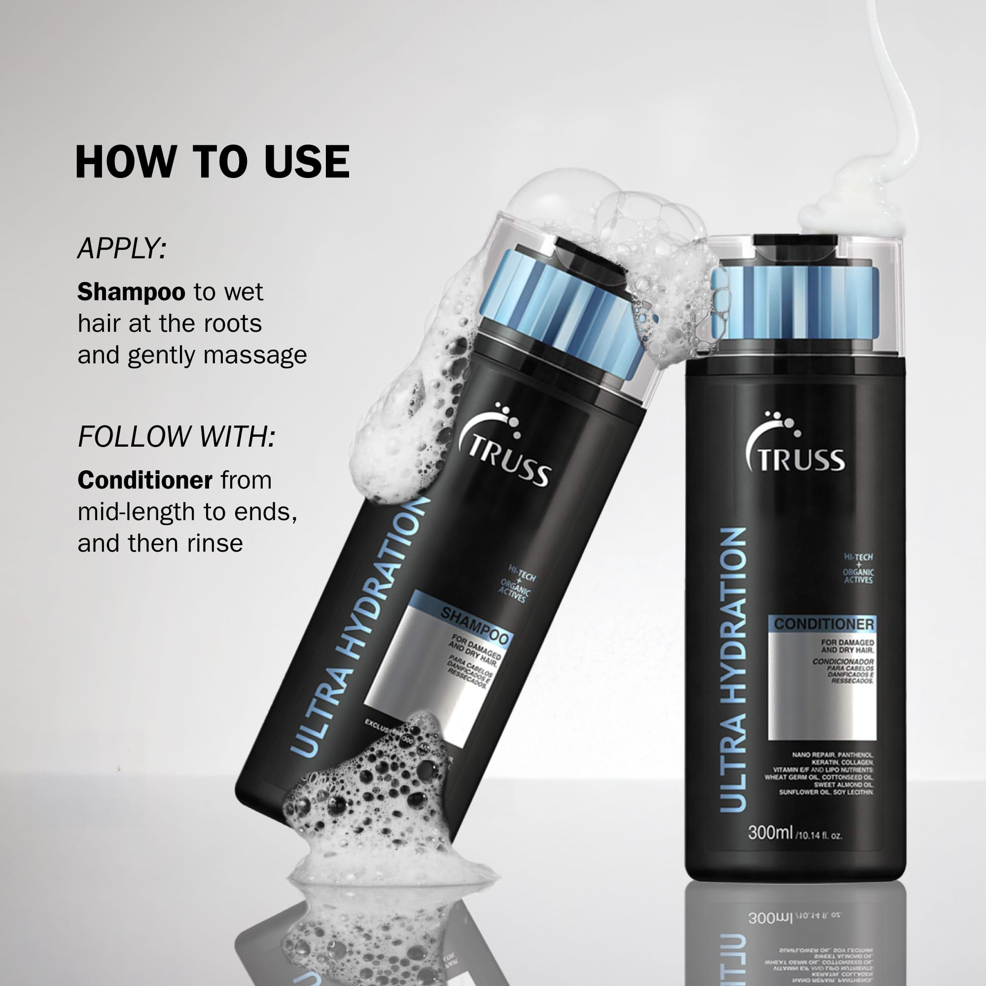 TRUSS Ultra Hydration Shampoo applying to wet hair for frizz control