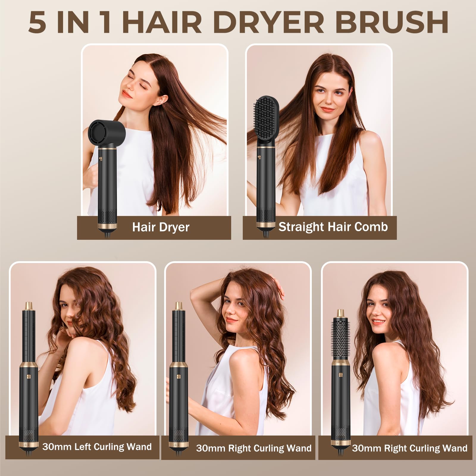 Trylater 5-in-1 blow dryer brush heads magnets for quick switching.