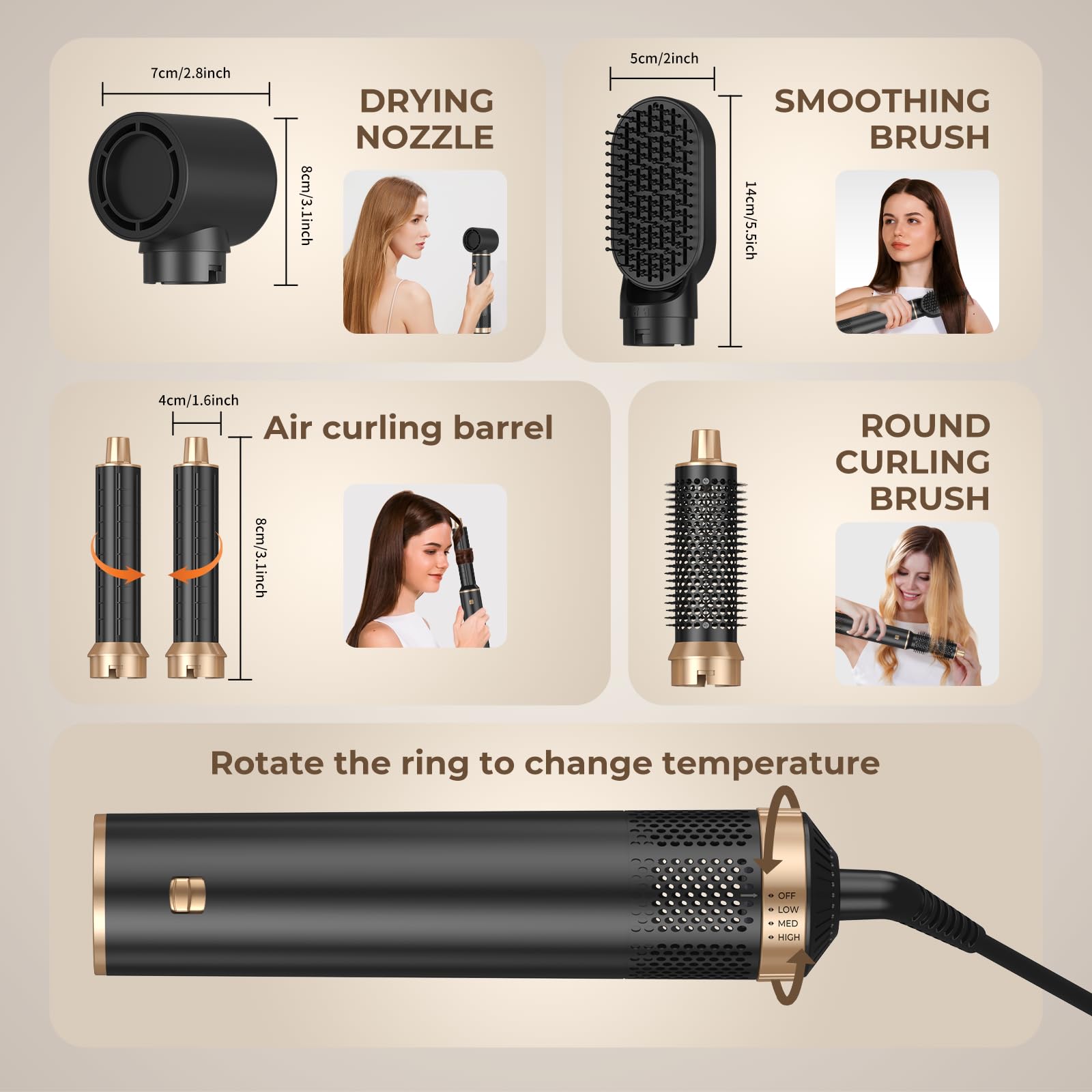 Trylater 5-in-1 system versatility for various straight, curly, waves looks.