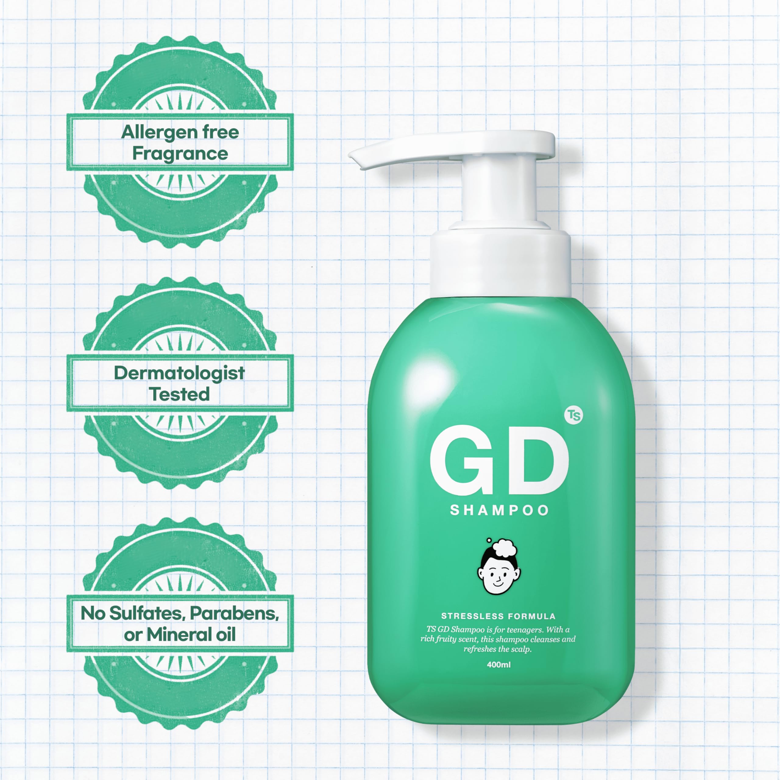 TS GD Shampoo clean, gentle formula bottle demonstrates SLS/SLES-free care.