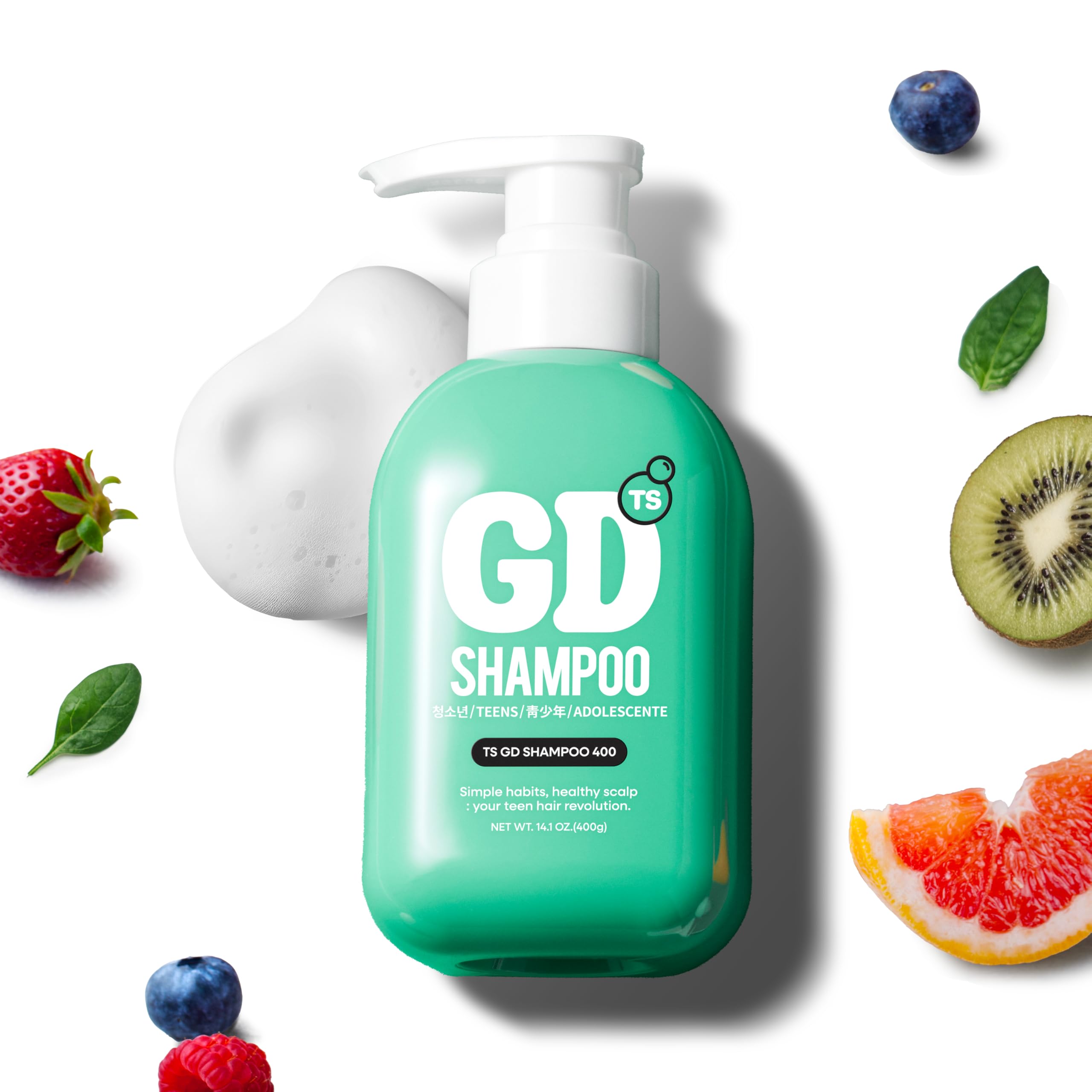 TS GD Shampoo teen scalp-balance bottle shows oil-control and flake relief.