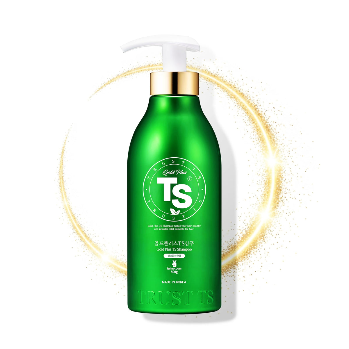 TS Gold Plus Shampoo gold extract bottle highlights radiant shine and scalp care benefits.