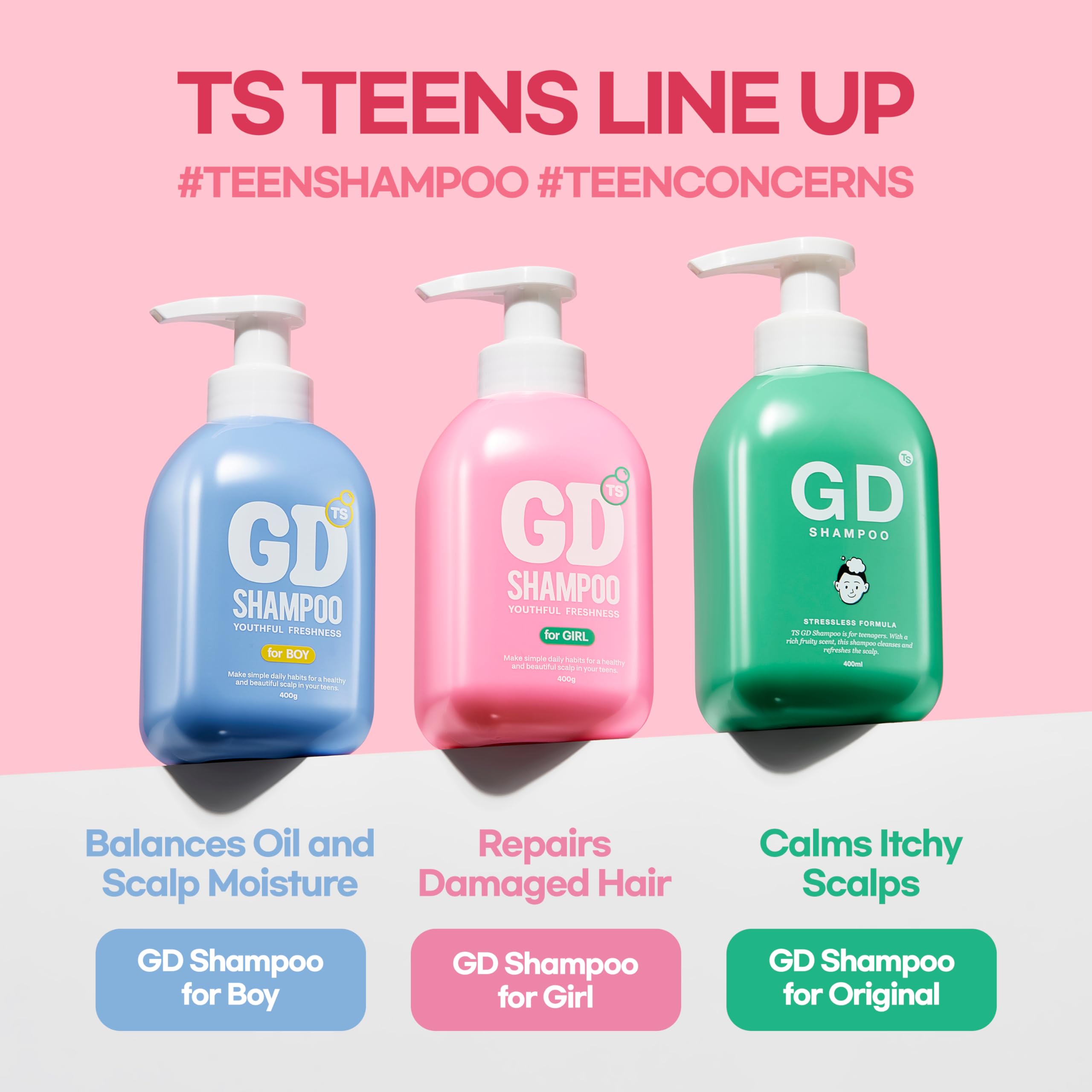 TS GD Shampoo for Teens bottle with label highlights dandruff and itch relief themes