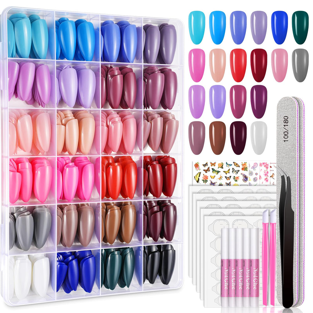 TsMADDTs almond press-on nails in 24 colors for quick at-home manicures.