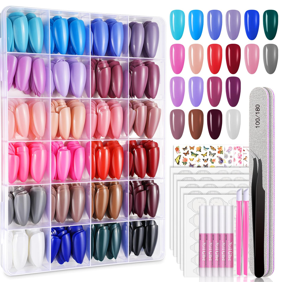 TsMADDTs almond press-on nails in 24 colors for quick at-home manicures.