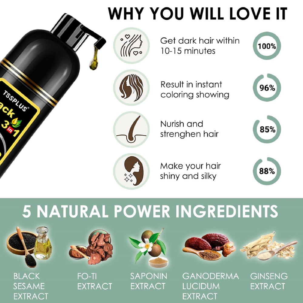 TSSPLUS Black Hair Dye Shampoo applying to hair demonstrates simple 5–10 minute color