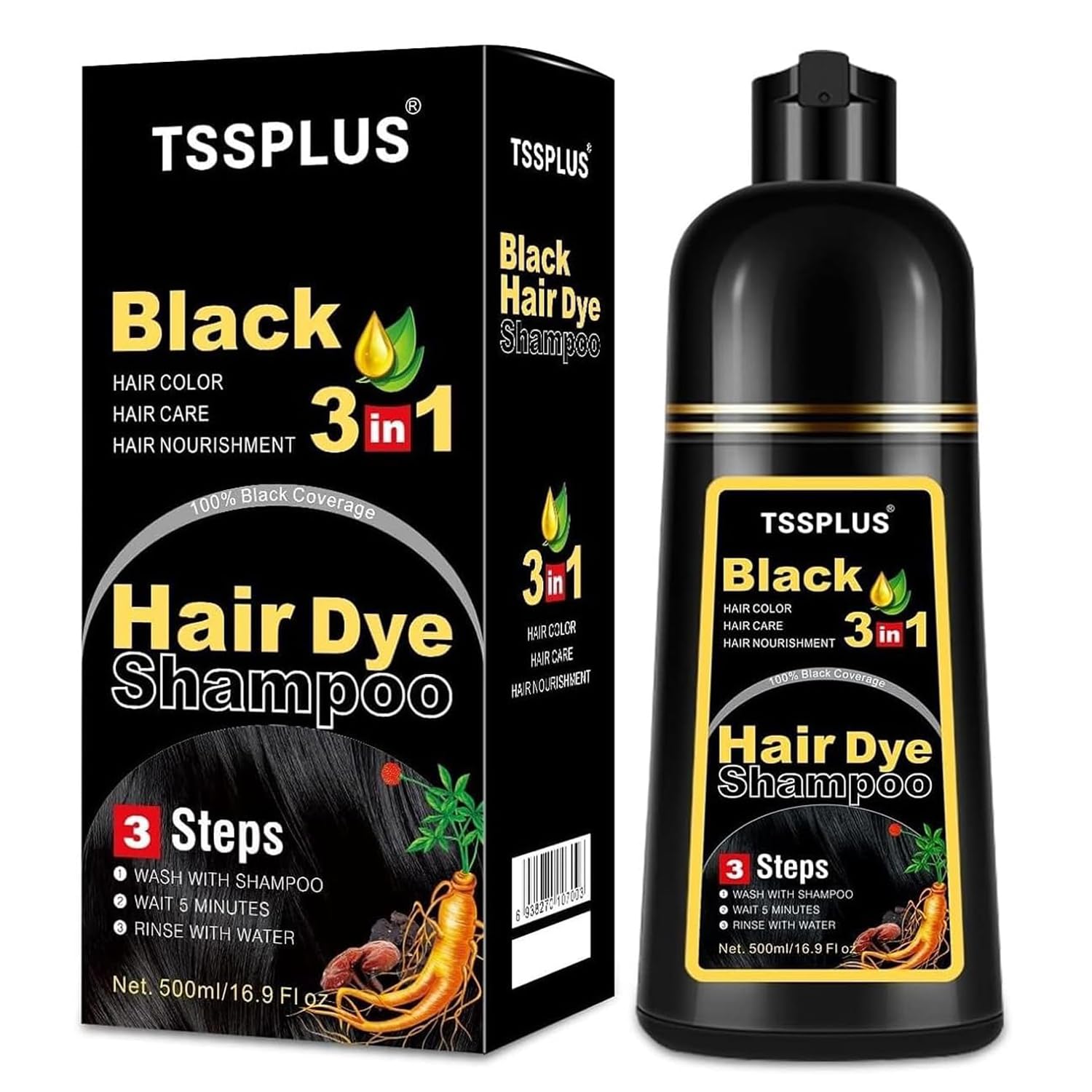 TSSPLUS Black Hair Dye Shampoo bottle-front for easy at-home color application