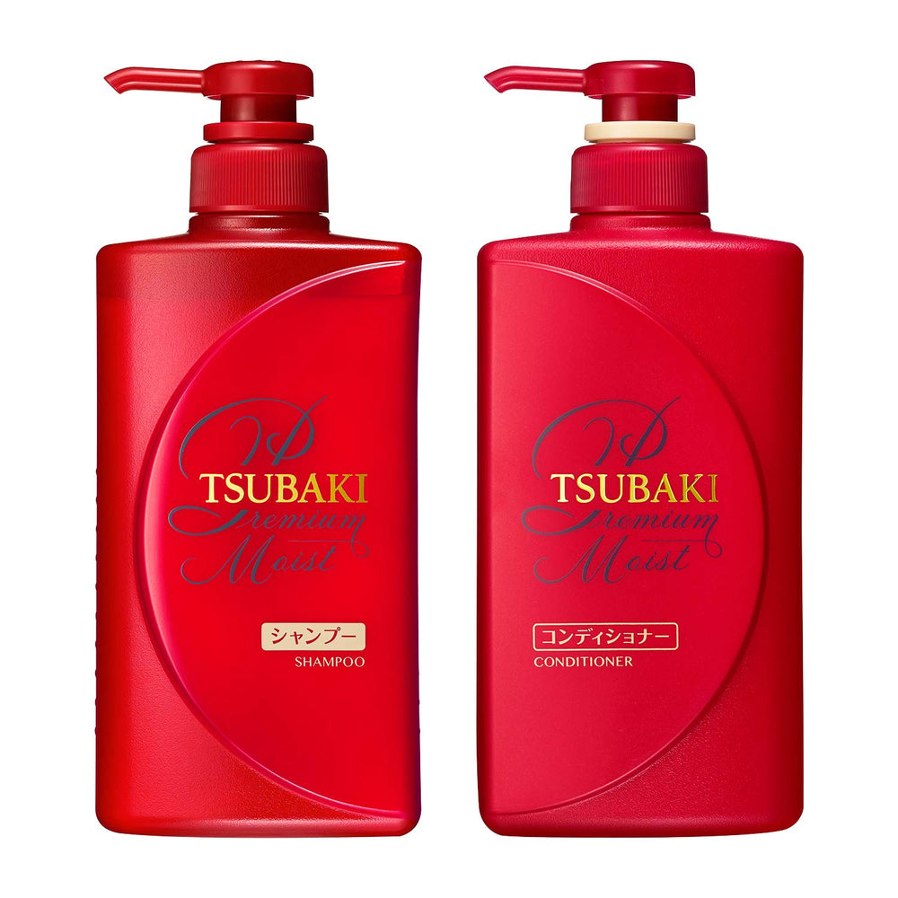 Tsubaki Moist Shampoo bottle delivering hydrating moisture for dry, flat hair and shine