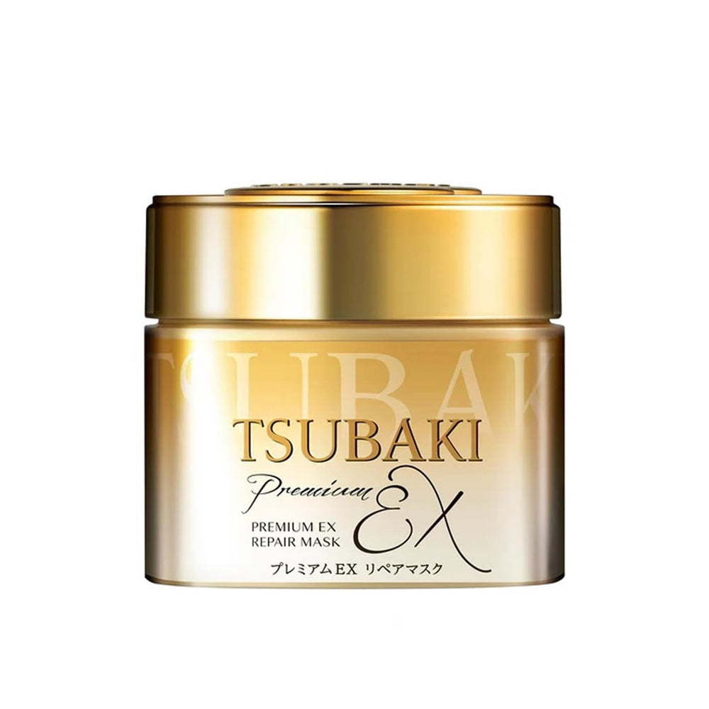 Tsubaki Premium Repair Mask 180g jar delivers hydration and repair for damaged, color-treated hair.