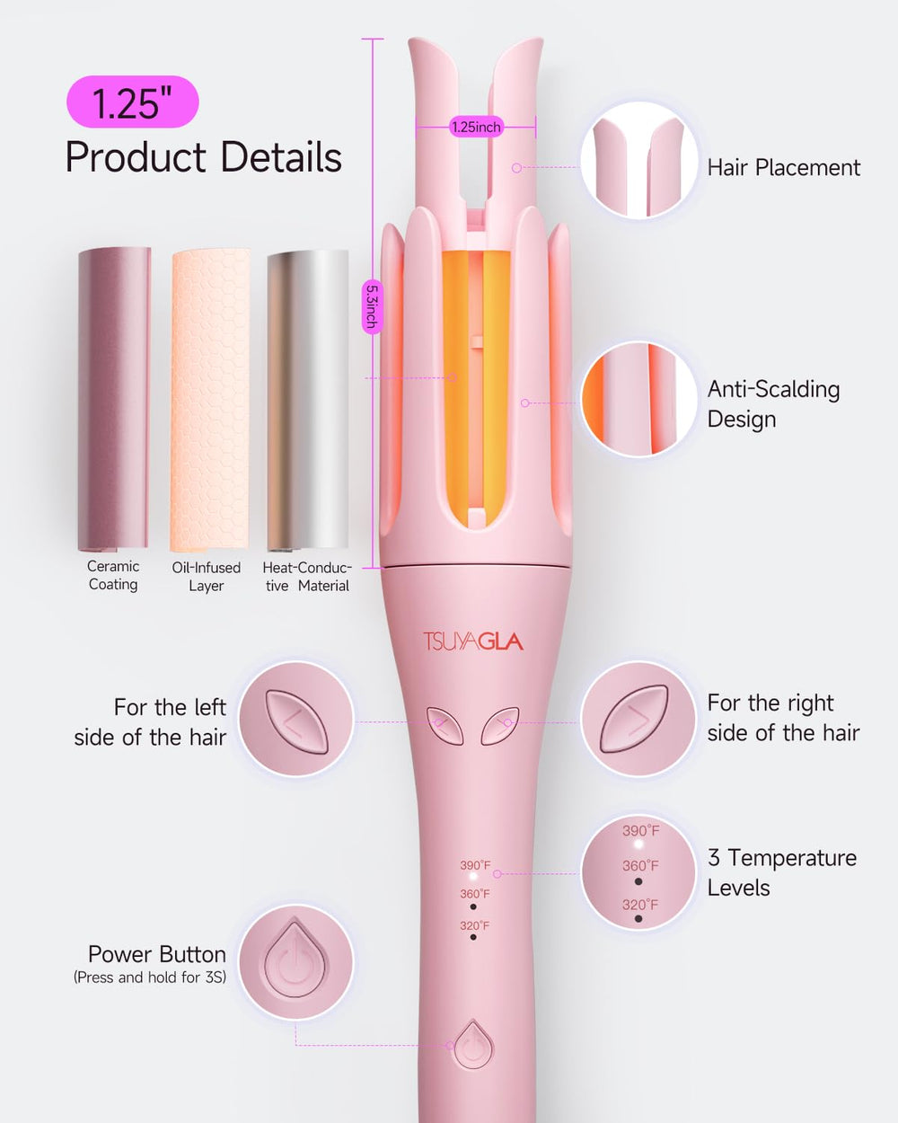 TSUYAGLA 2-way rotation provides left or right curling options for balanced results.