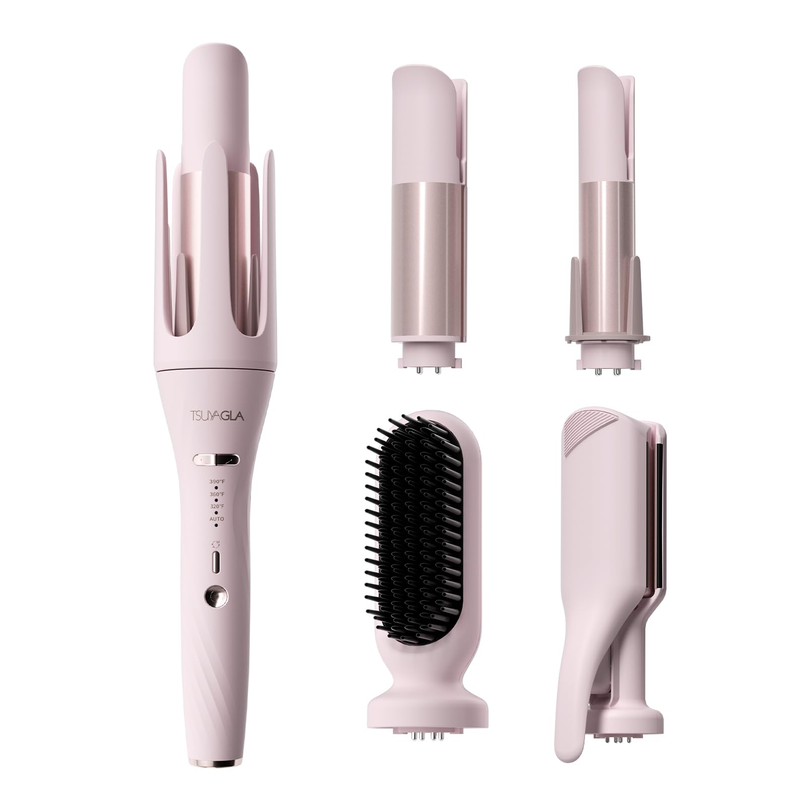 TSUYAGLA 5-in-1 auto curling iron set with interchangeable barrels for versatile styling.