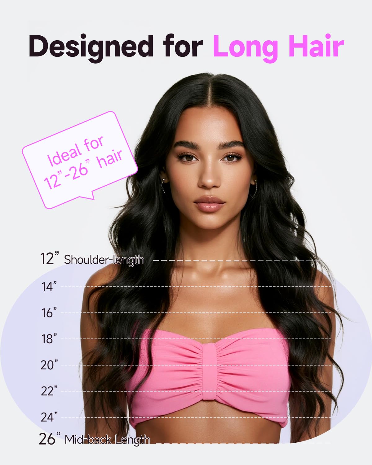 Long hair styling scenario shows 12 to 26 inch lengths with TSUYAGLA wand.