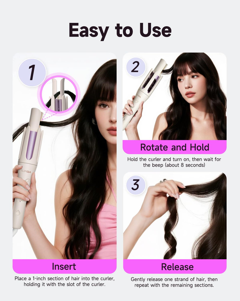 Cool-touch anti-scald design keeps hands safe while styling with TSUYAGLA curler.