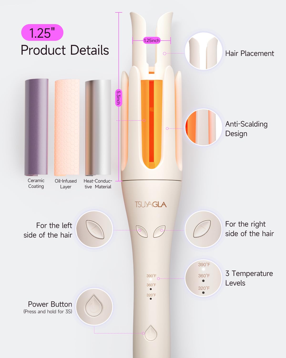 TSUYAGLA curling wand with ergonomic grip offers comfortable handling for all-day styling.