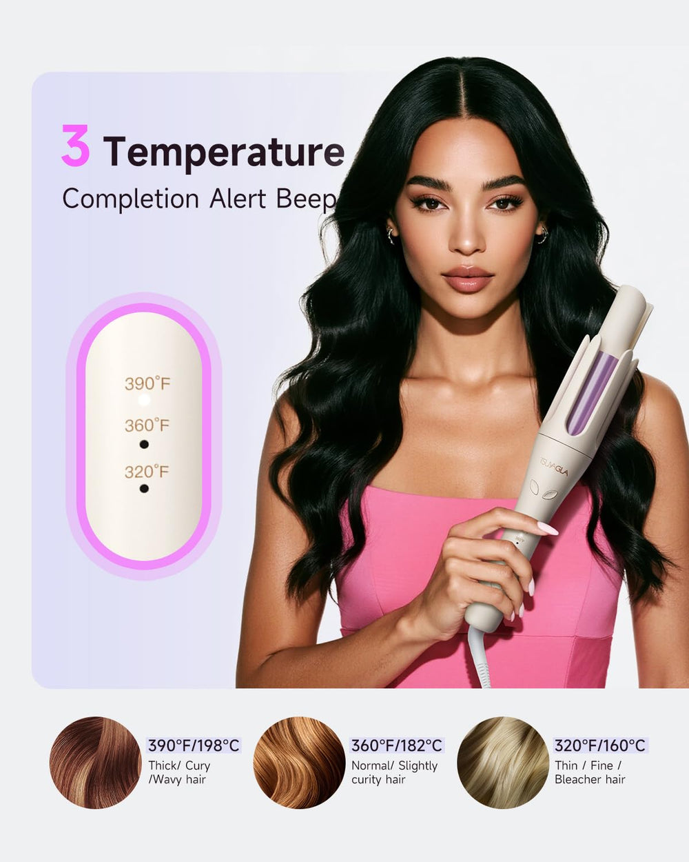 Dual voltage label shown on TSUYAGLA curler enables safe travel abroad.