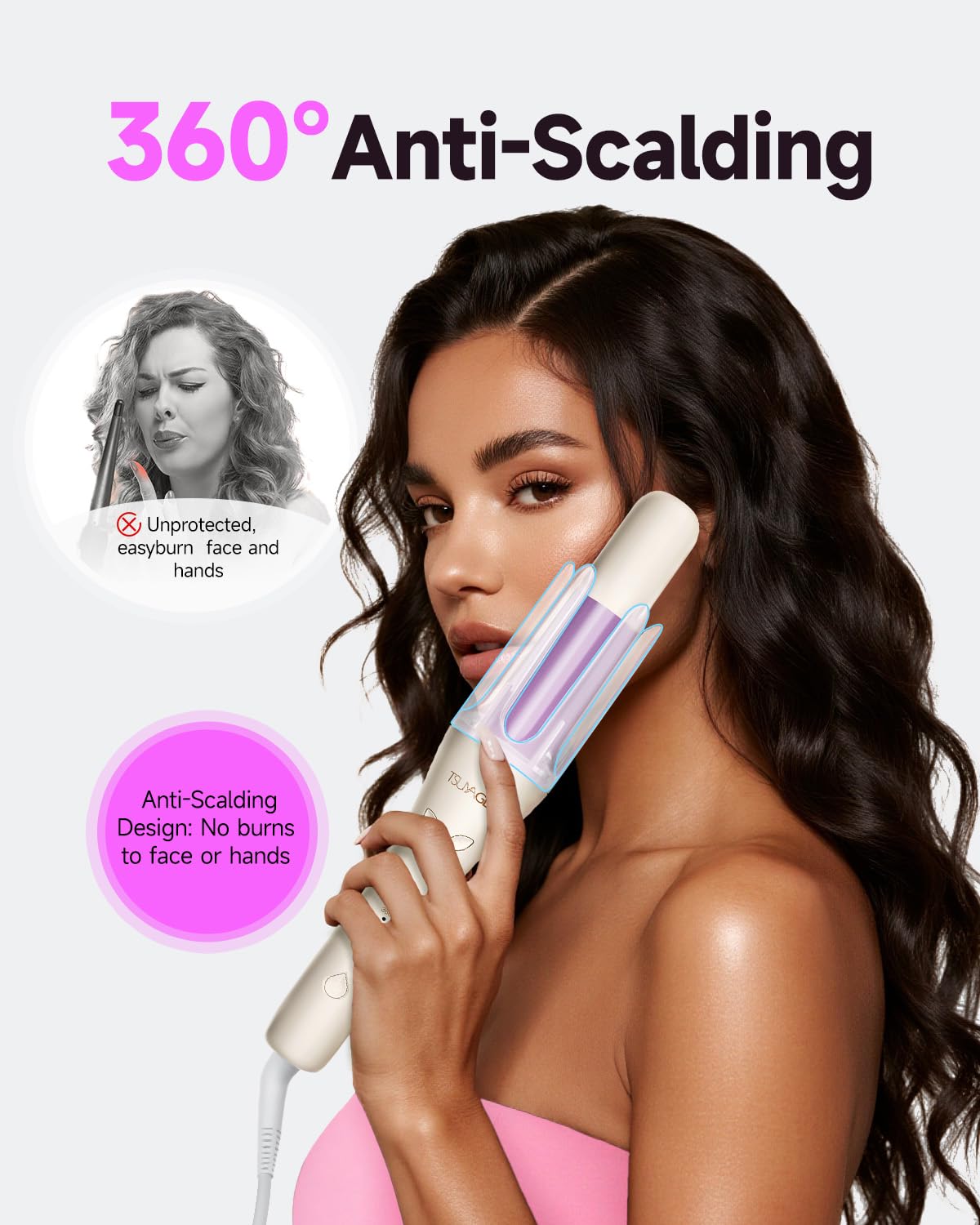 Set-up steps illustration highlights quick 5–10 minute curls with TSUYAGLA curler.