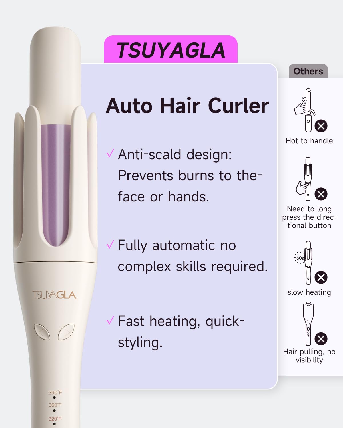 Tourmaline ceramic coating on TSUYAGLA curler reduces frizz and enhances shine.