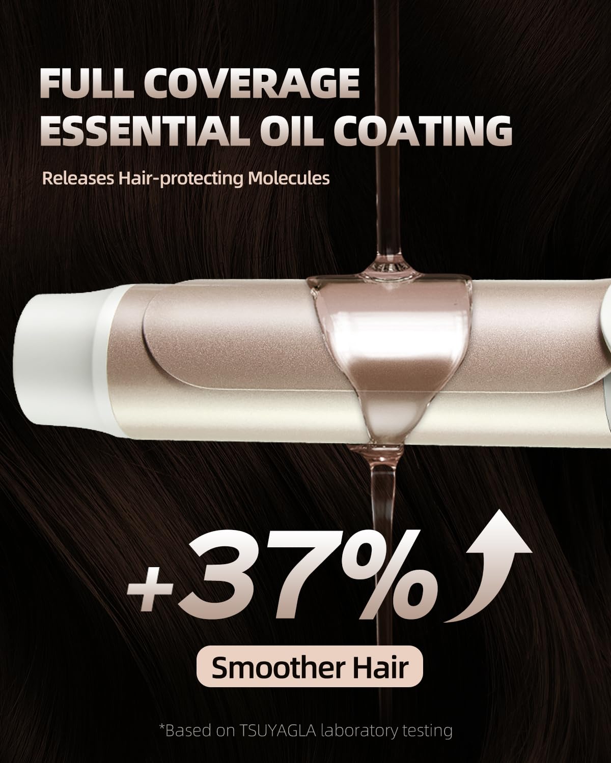 TSUYAGLA keratin-argan-oil coated wand highlights nourishing styling benefits.