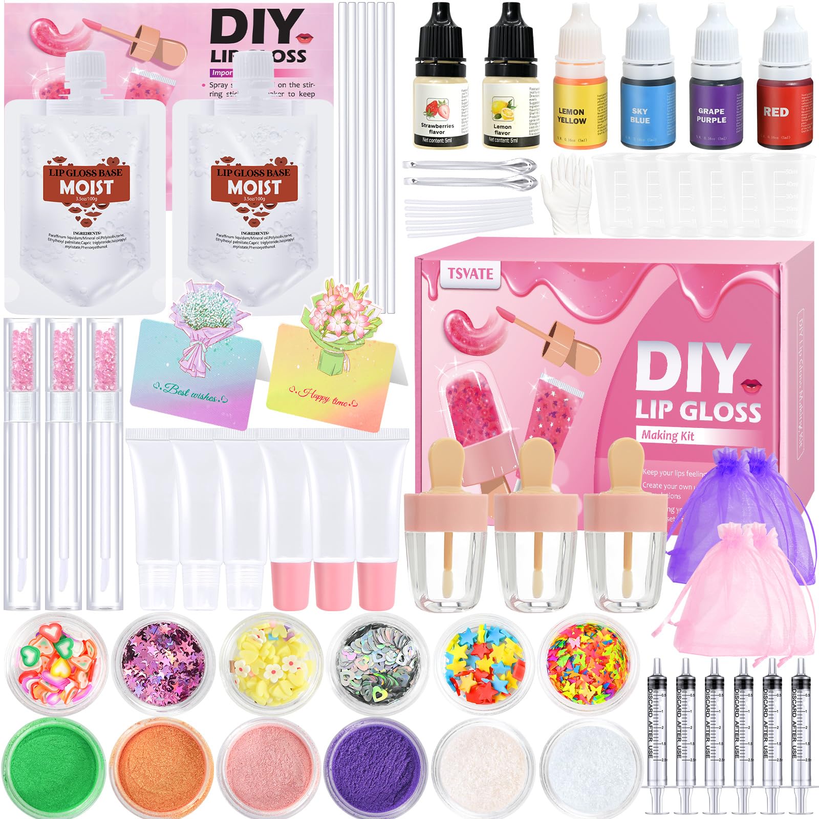 TSVATE lip gloss kit packaging and components for creative styling.