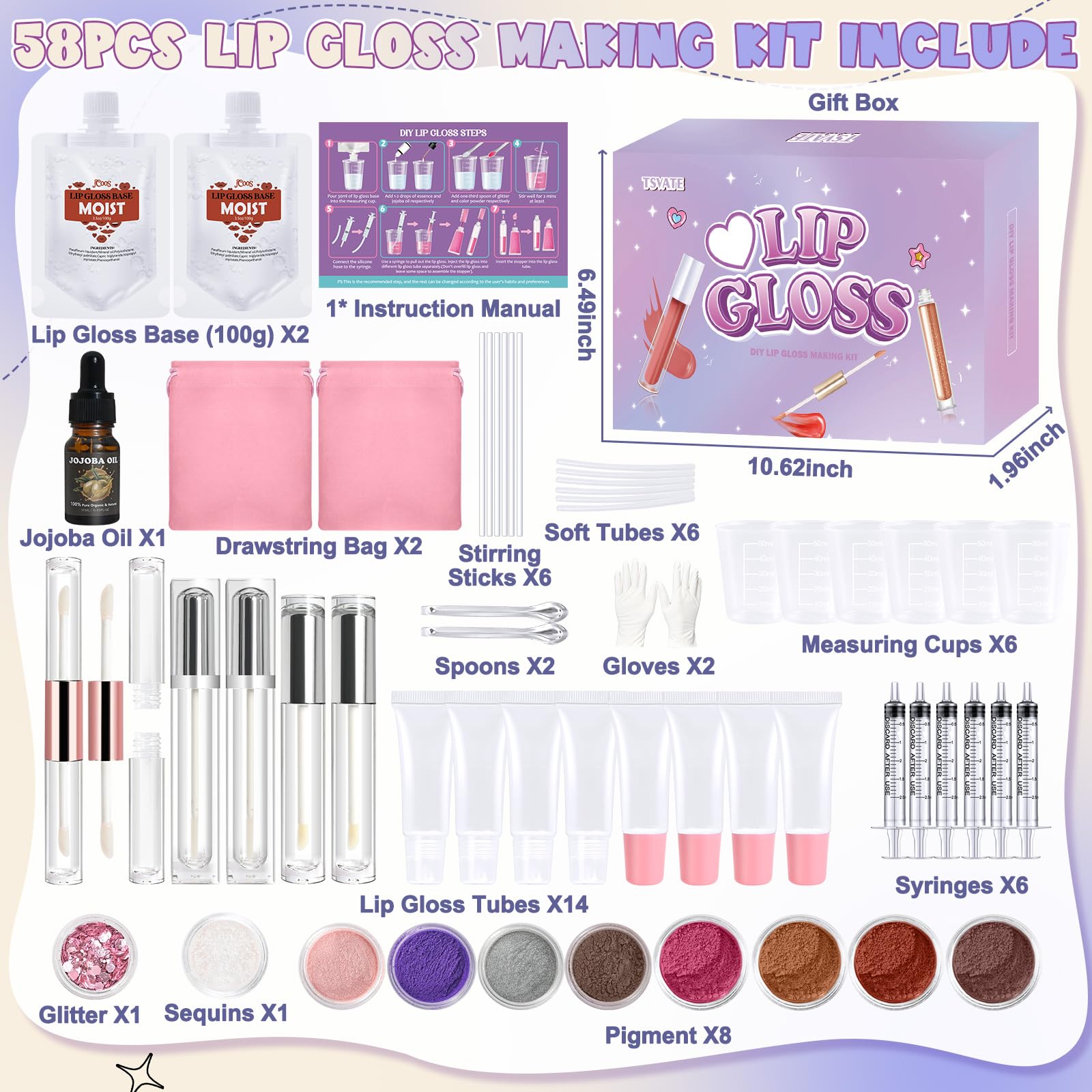 TSVATE lip gloss kit components highlight easy-to-use tools for DIY beauty at home.