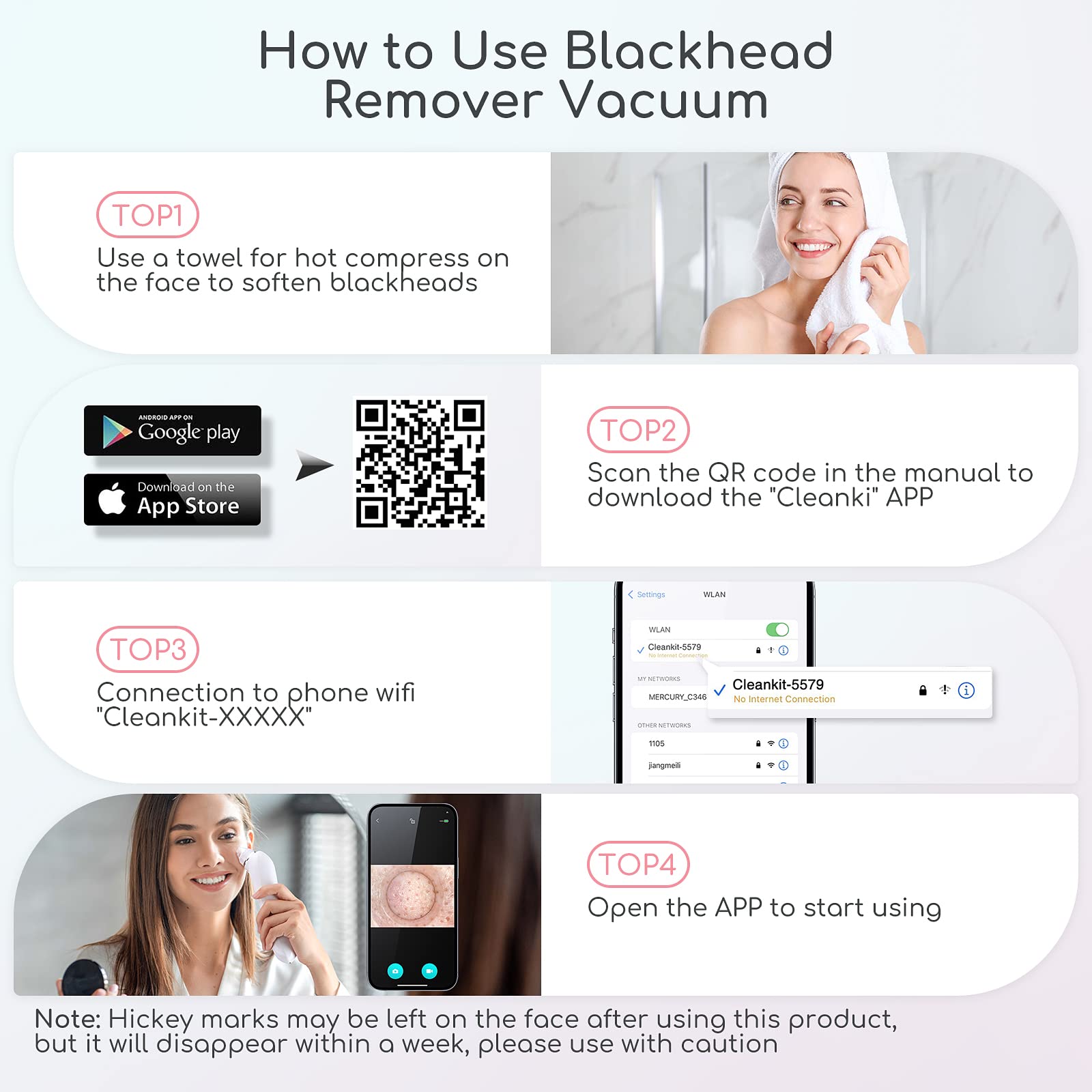 TTozka Blackhead Remover app setup via QR code enables guided sessions.