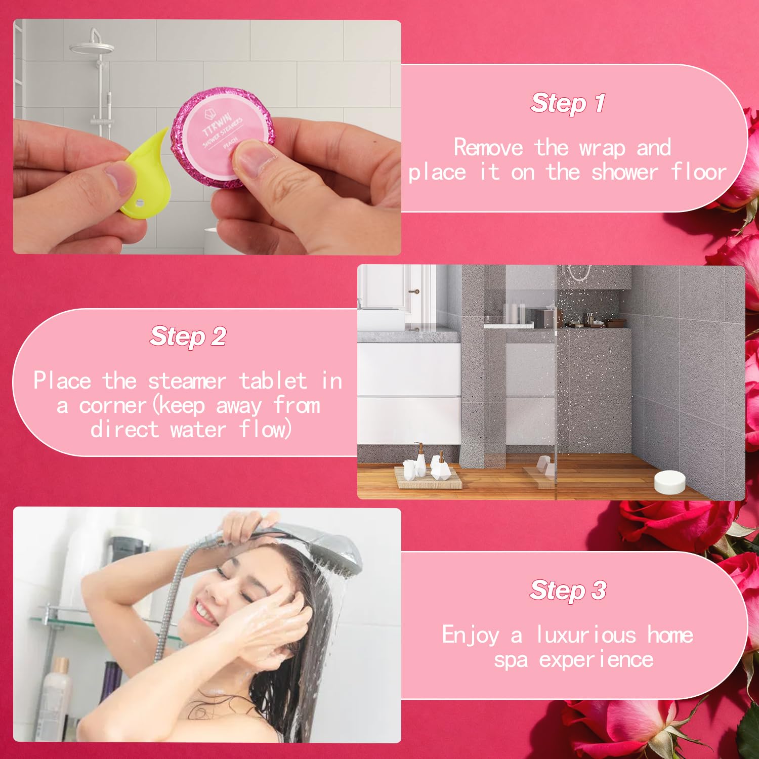 TTRWIN shower steamer melt-action showing no-mess design for easy cleanup.