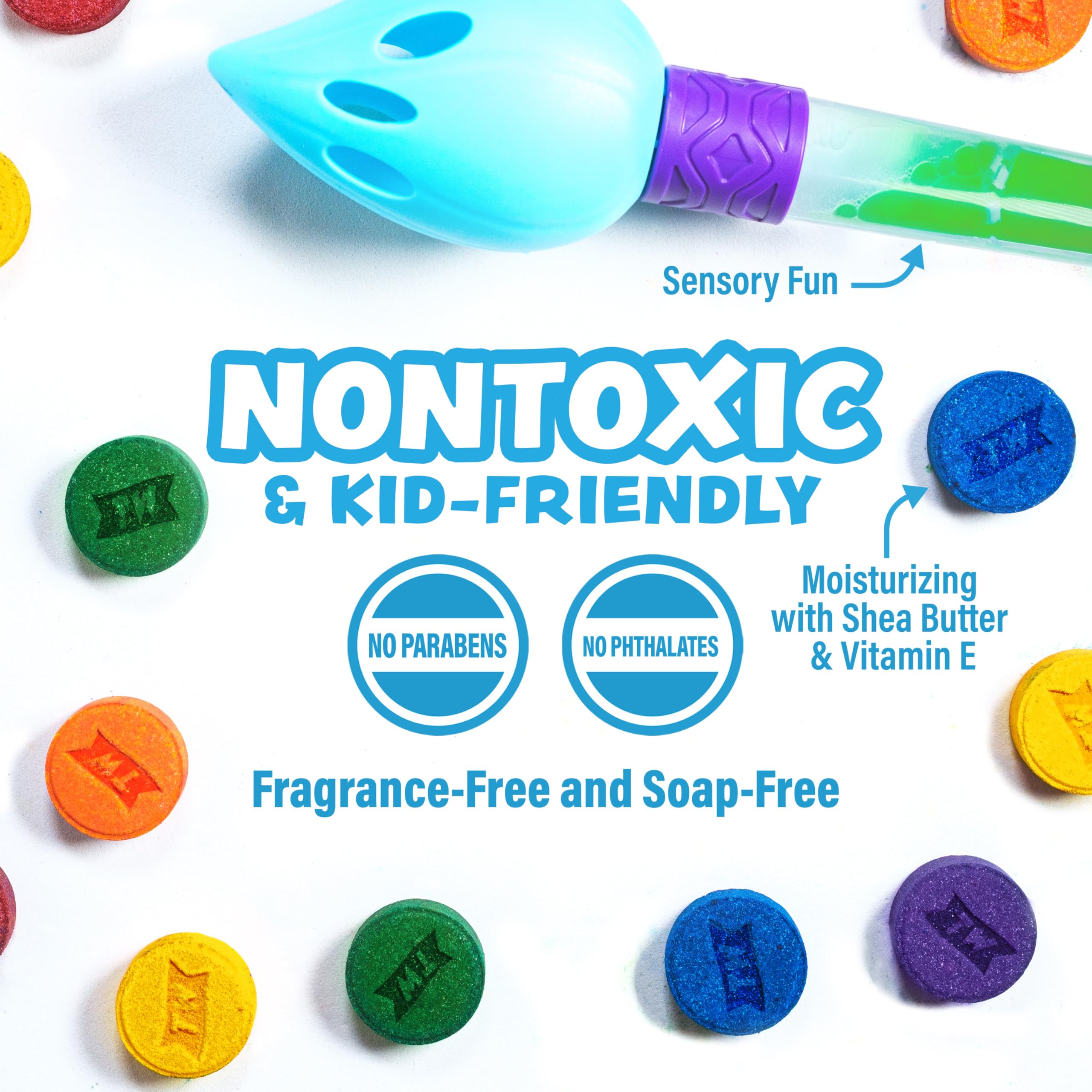 Tub Works 18 bath color tablets pack showcases six bold hues for creative color mixing.