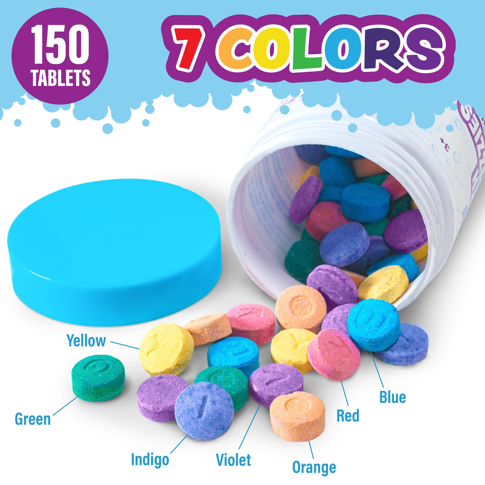 Tub Works 7-color tablets display vivid hues ready to transform bath water.
