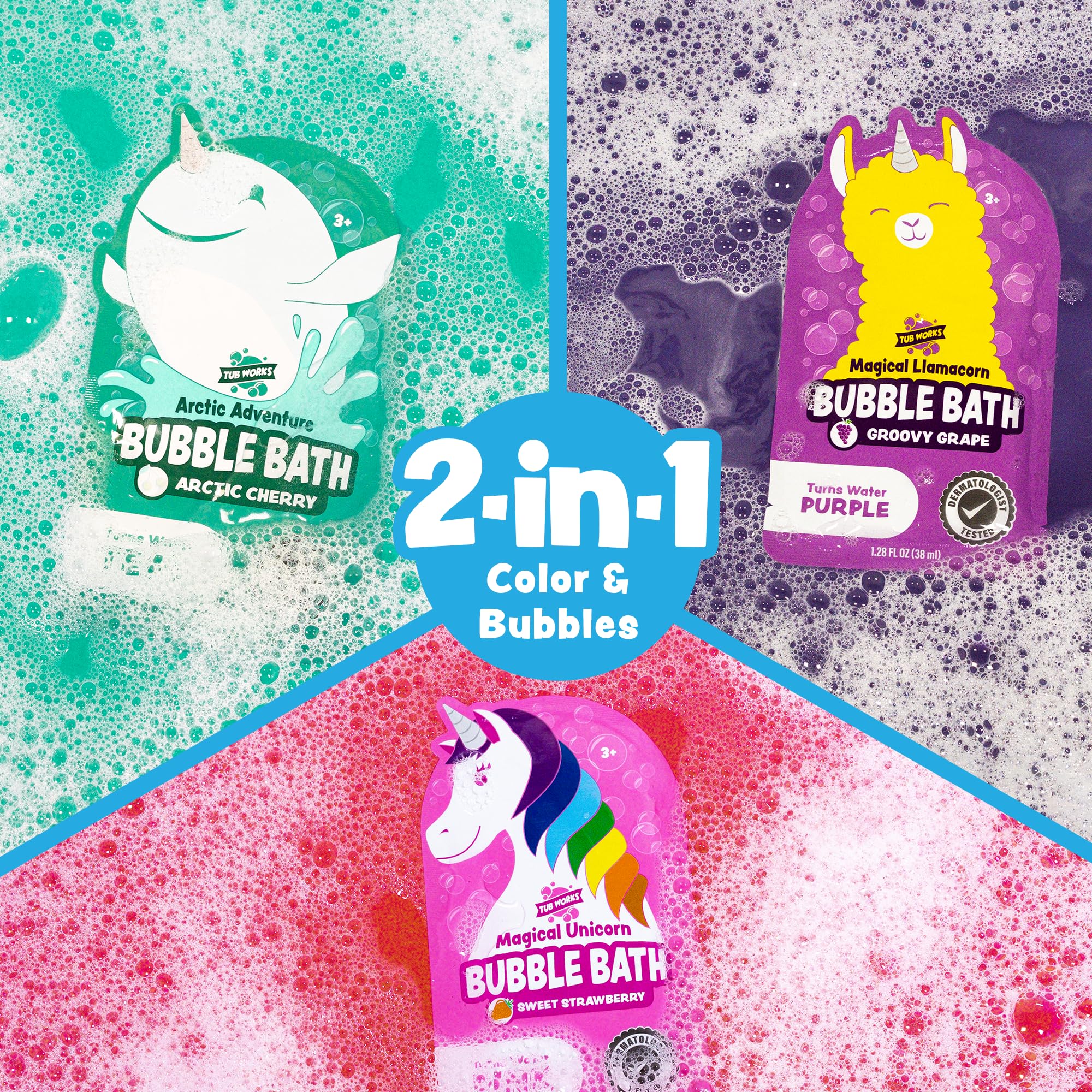 Tub Works Arctic Adventure bubble bath teal water creates Arctic-themed fun.