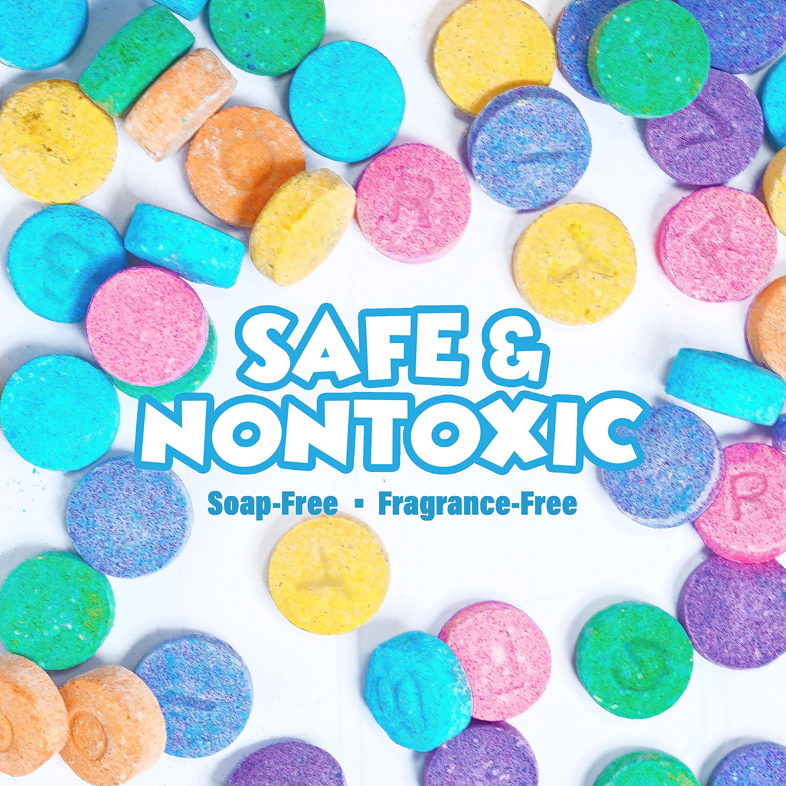 Tub Works Bath Color Fizzies dissolving blue tablet highlighting color change in tub.