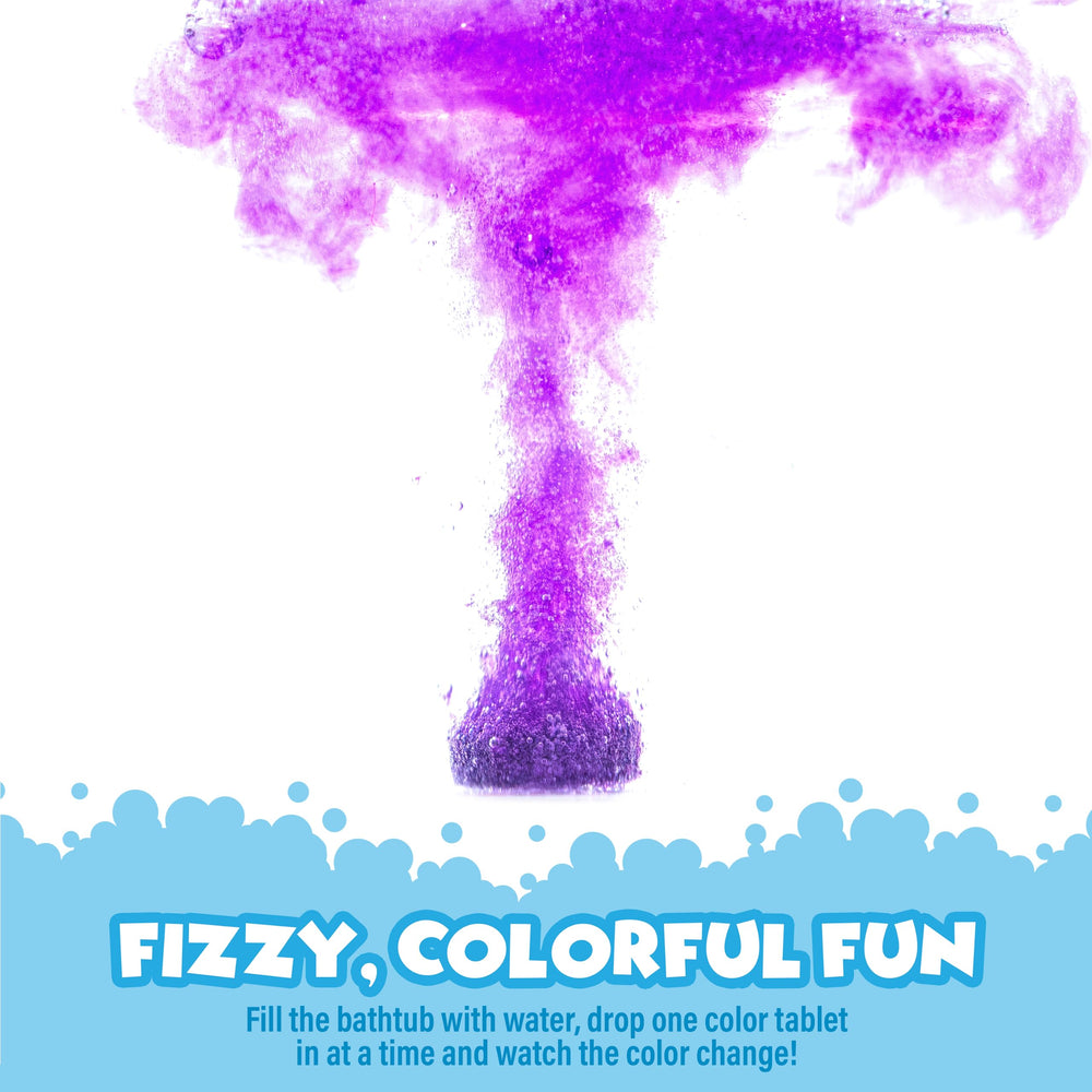 Tub Works bath time scene with kids enjoying color-changing water using Color Fizzies.