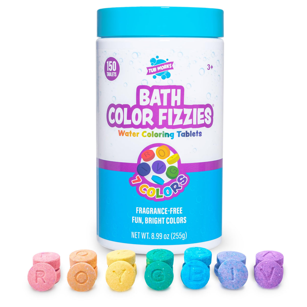 Tub Works Bath Color Fizzies packaging showcases non-toxic tablets for safe, colorful kids' bath time.