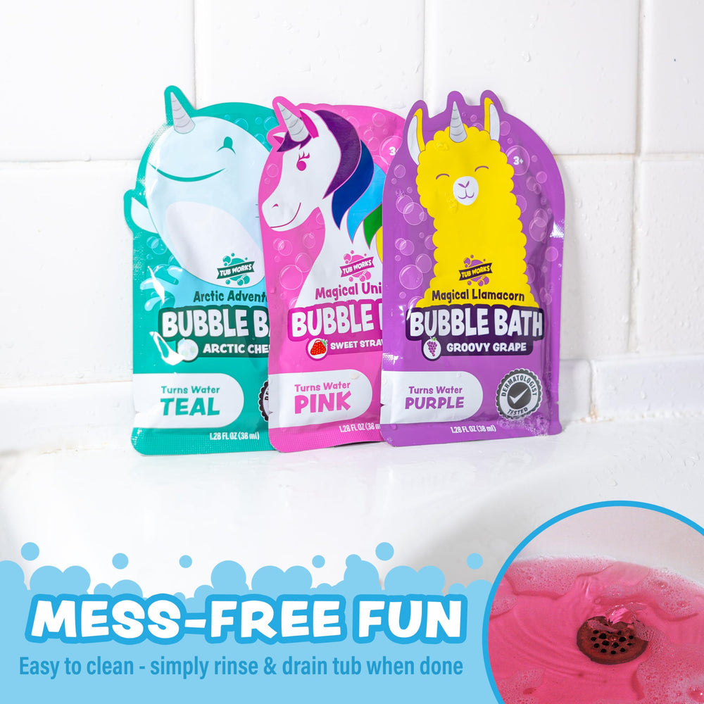 Tub Works bubble bath bottle pour simplifies adding color and foam to water