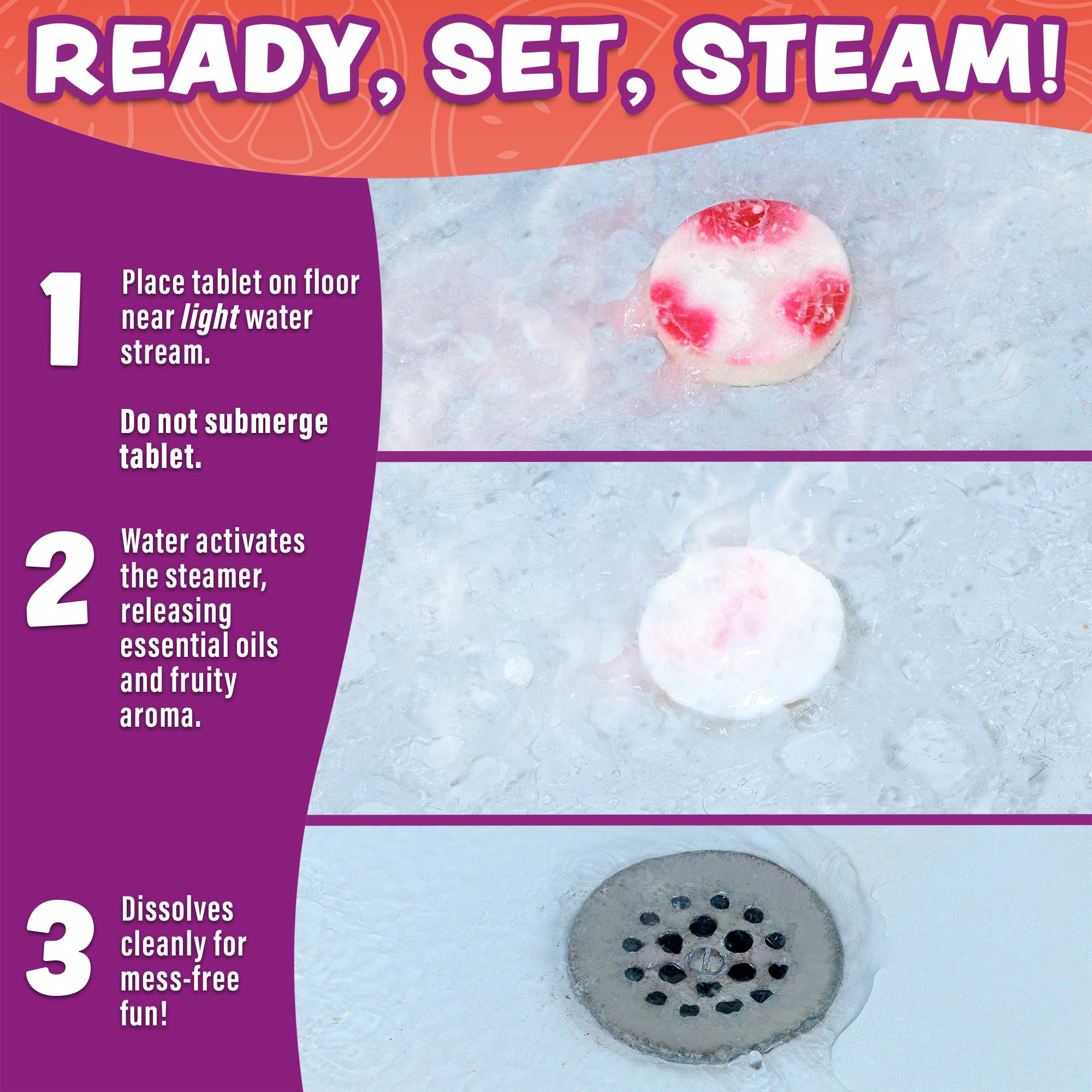 Tub Works Fruit Fusion kid-friendly shower use demonstrated in bright bathroom