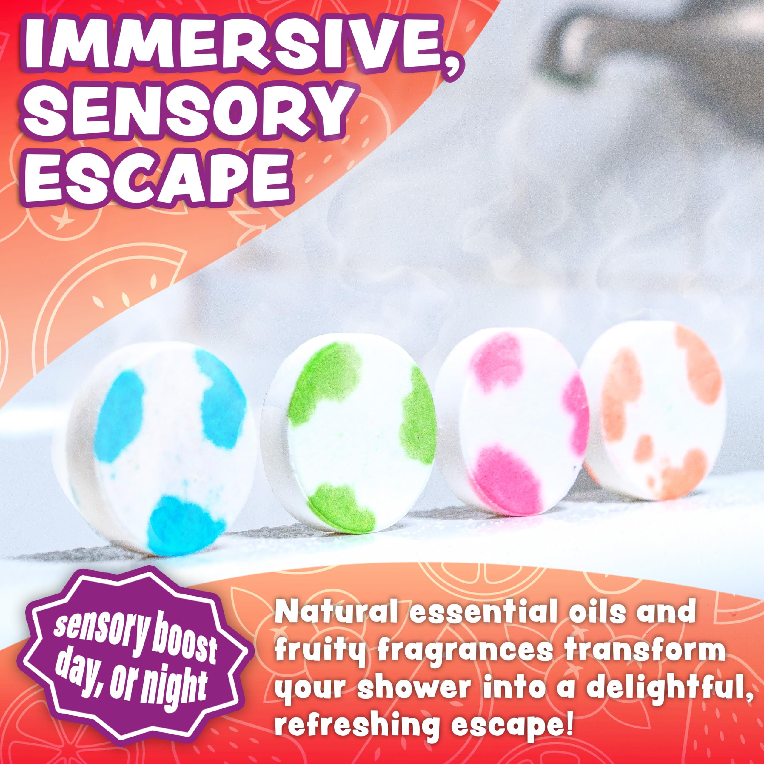 Tub Works Fruit Fusion steamer dissolving action near shower water stream