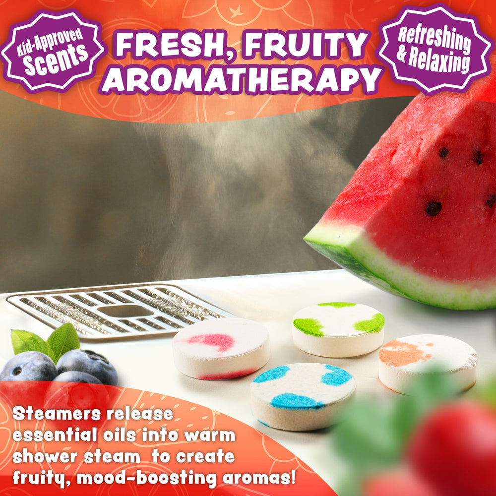 Tub Works Fruit Fusion strawberry steamer releasing fruity notes during shower