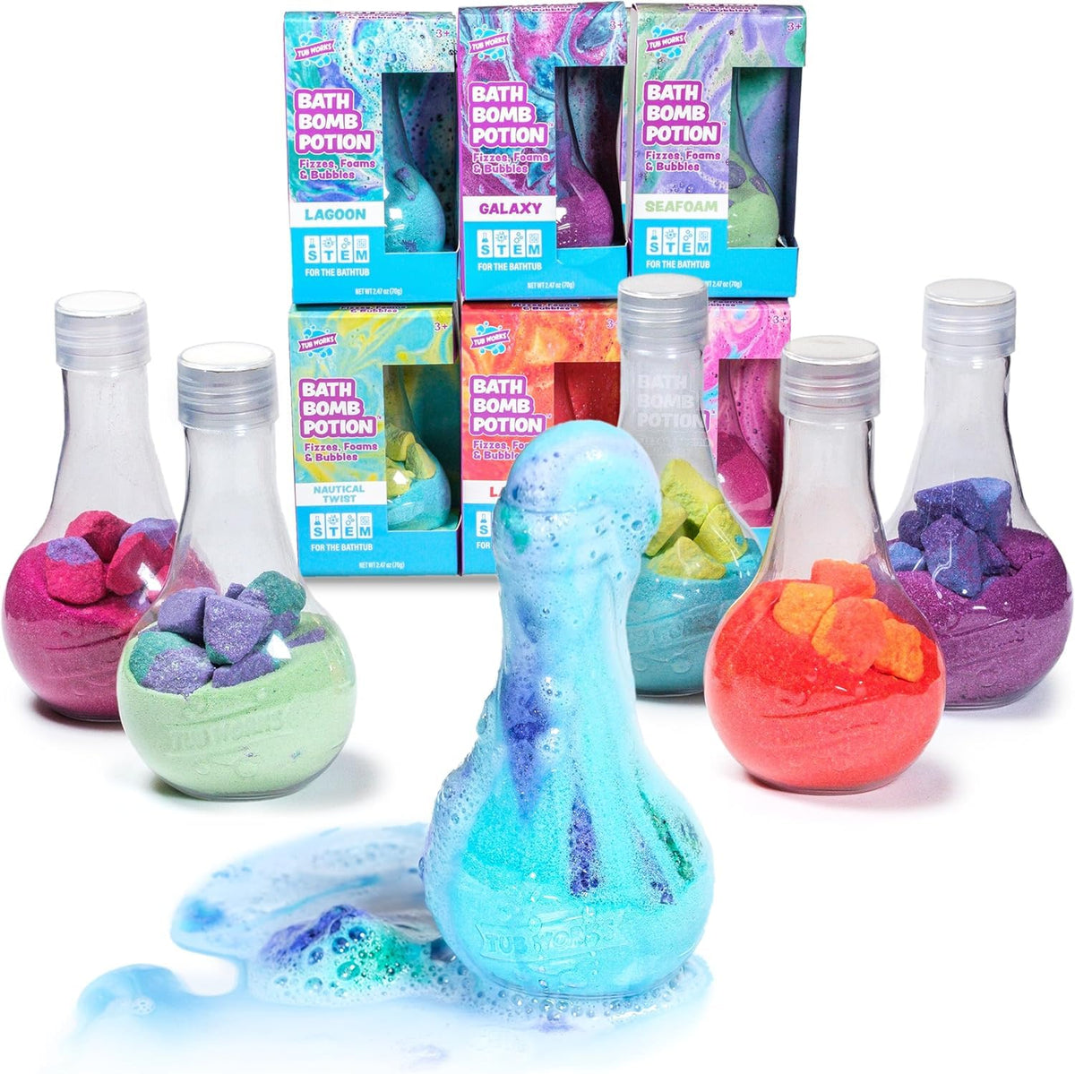 Tub Works Kids Bath Bomb Potion Lagoon pour creates colorful streams for imaginative bath play.