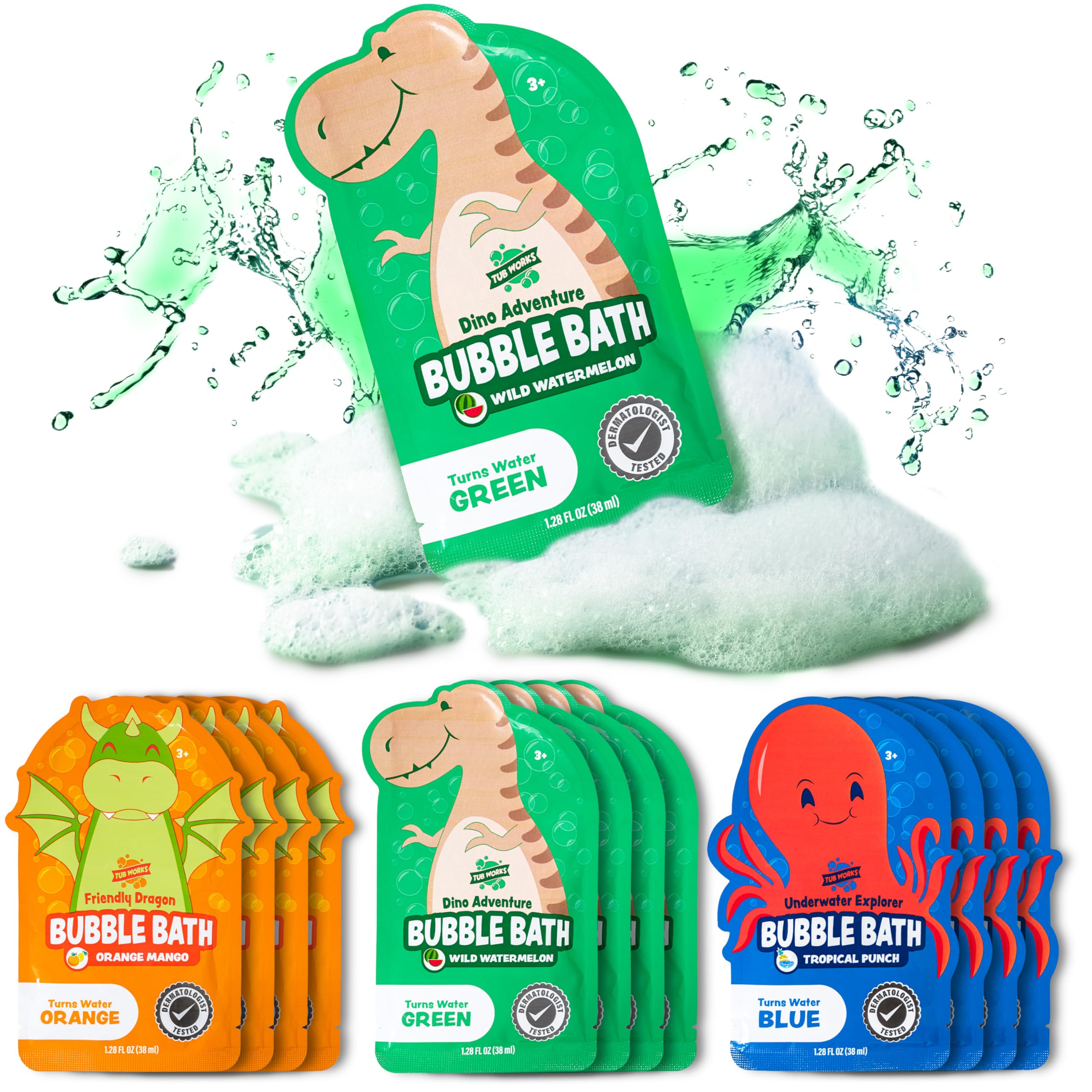 Tub Works Magical Kids Bubble Bath Dino Adventure shows engaging bath time with a dinosaur theme