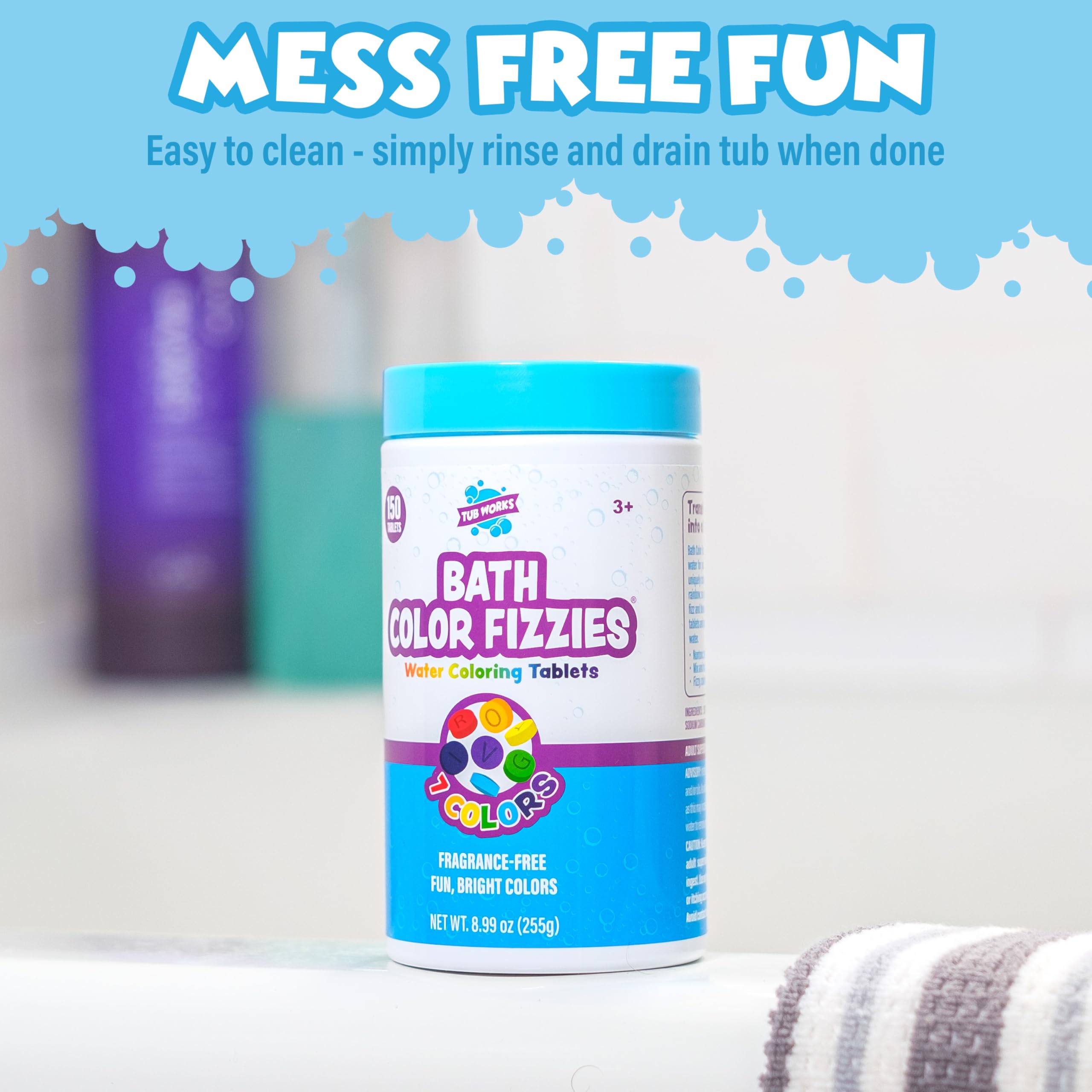 Nontoxic fragrance-free label emphasizes kid-friendly, gentle bath color experience.