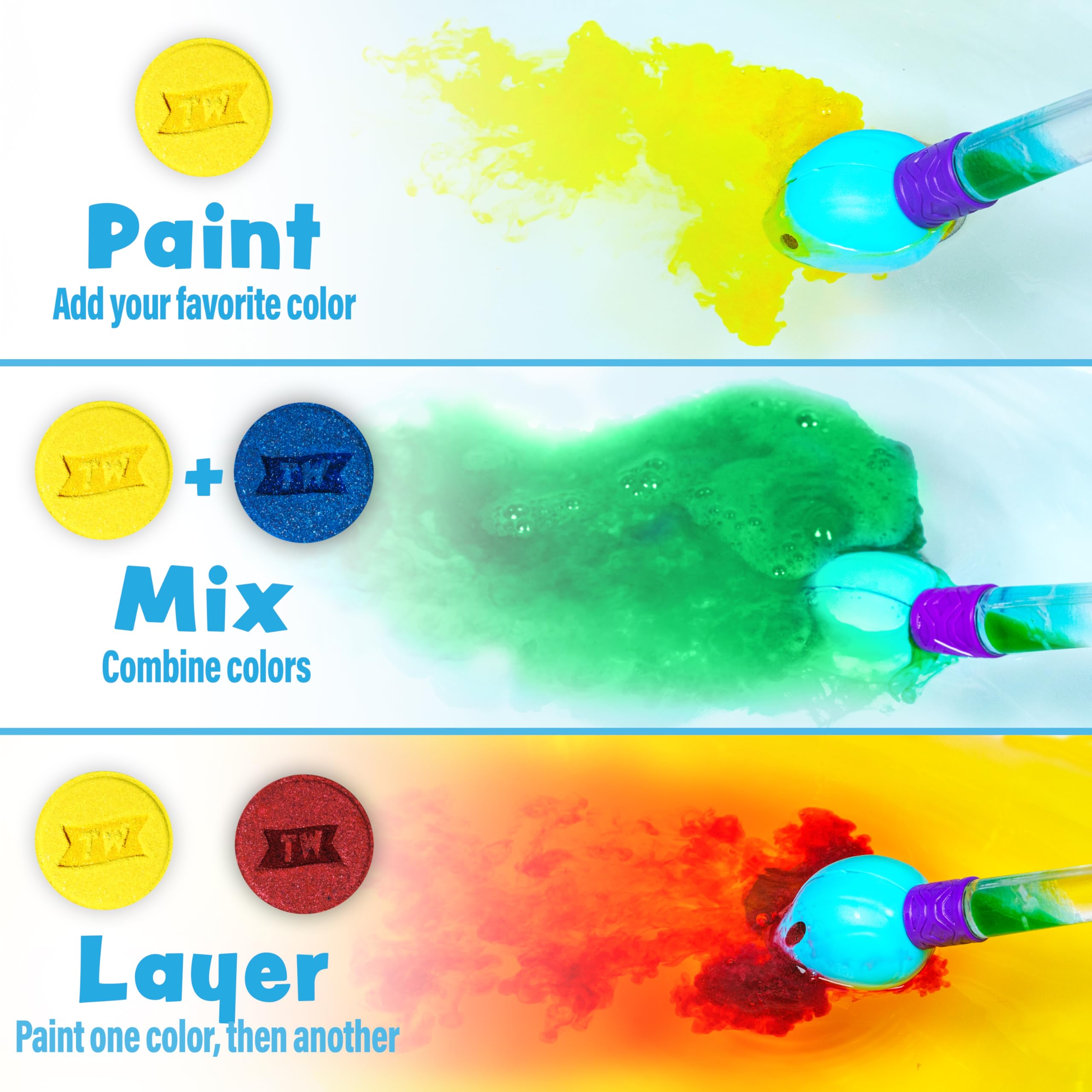 Tub Works nontoxic ingredients emphasize safe, worry-free bath color experiments for kids.